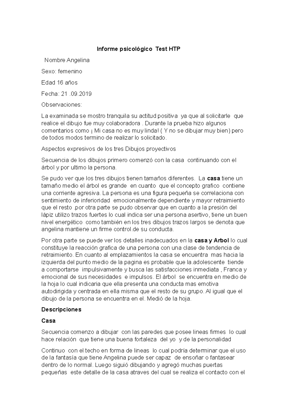 Documento (2) - Completo - Informe psicológico Test HTP Nombre Angelina ...