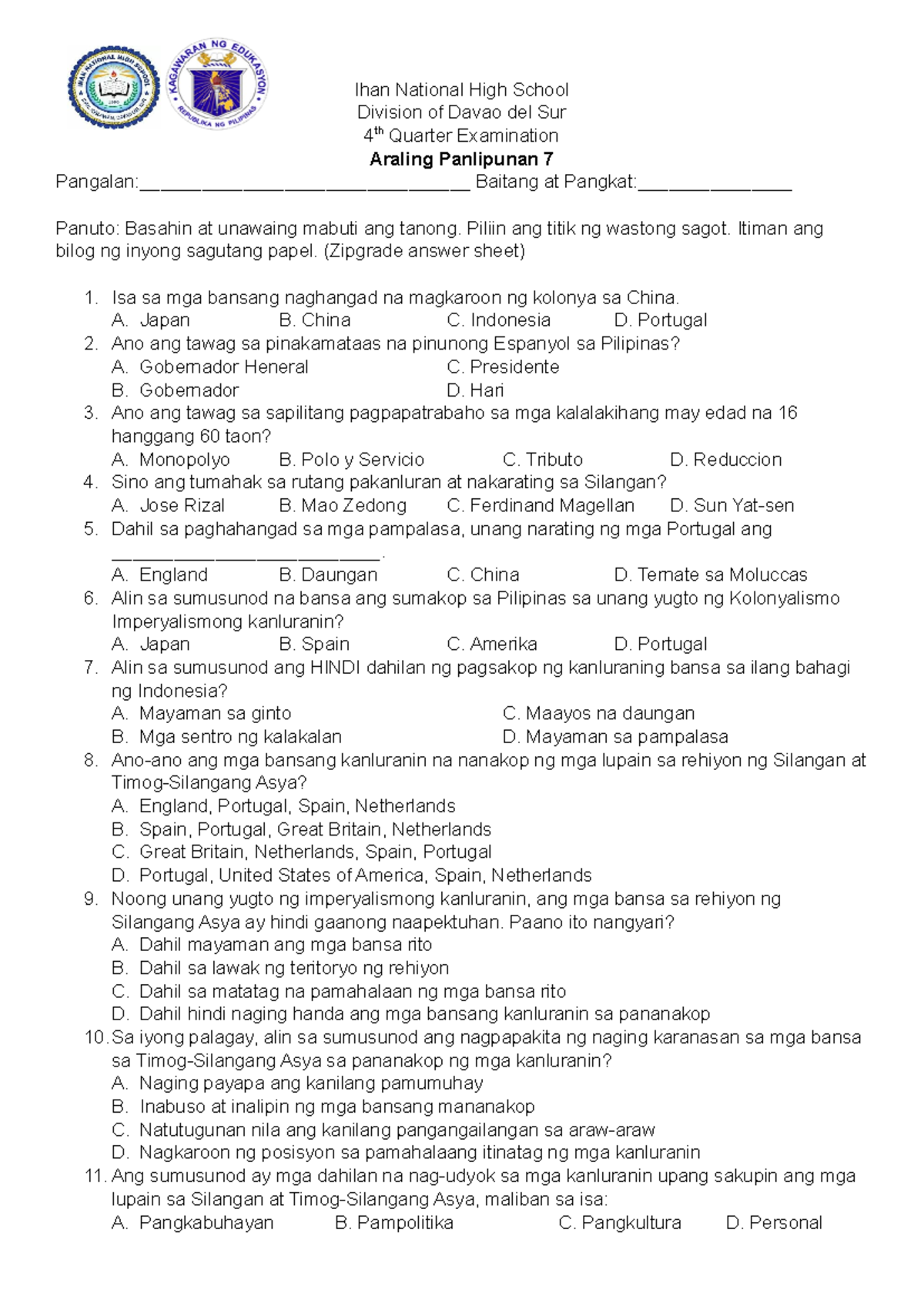 Exam ap 7 4th quarter - Ihan National High School Division of Davao del ...