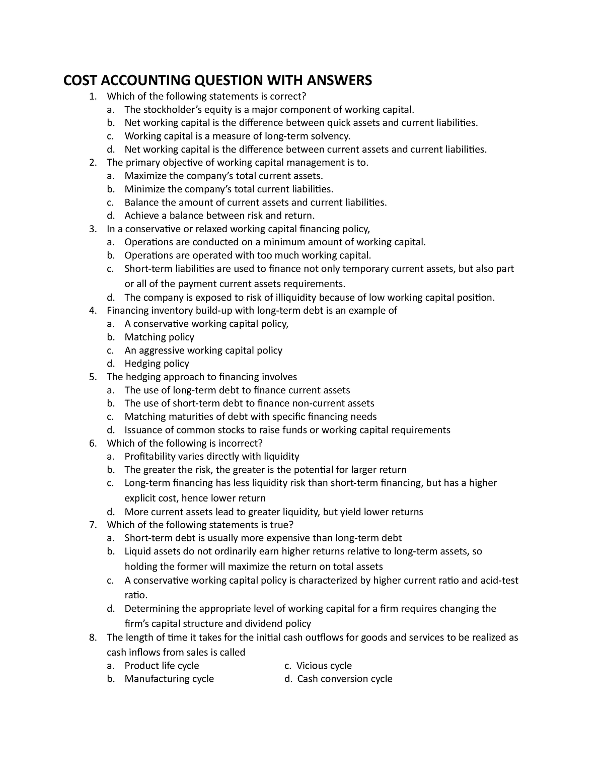 cost accounting nptel assignment answers