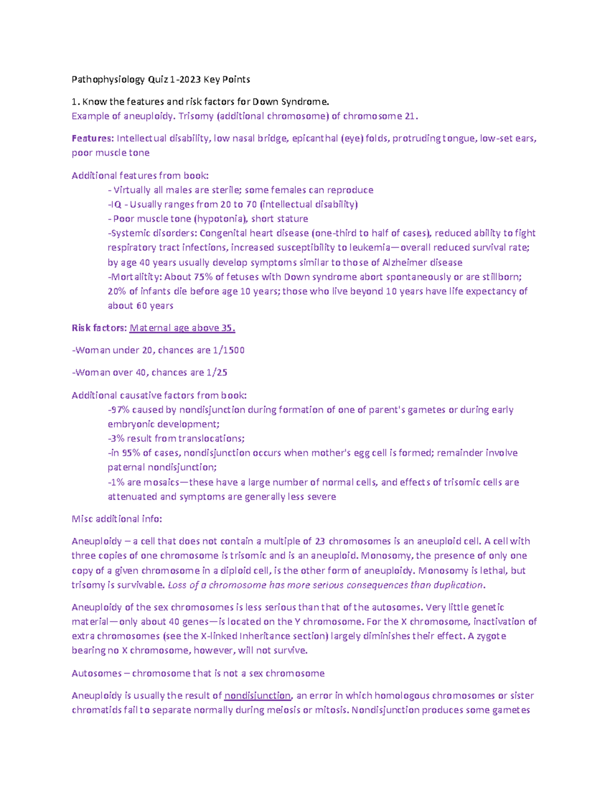 Patho Study Guide 1 - Pathophysiology Quiz 1-2023 Key Points Know the ...
