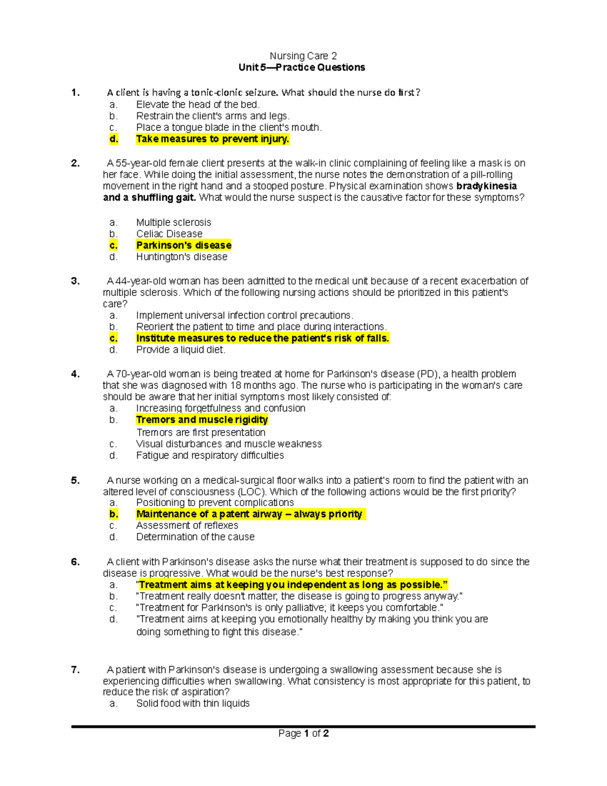 Unit 5- Practice Questions - Nursing Care 2 Unit 5—Practice Questions 1 ...