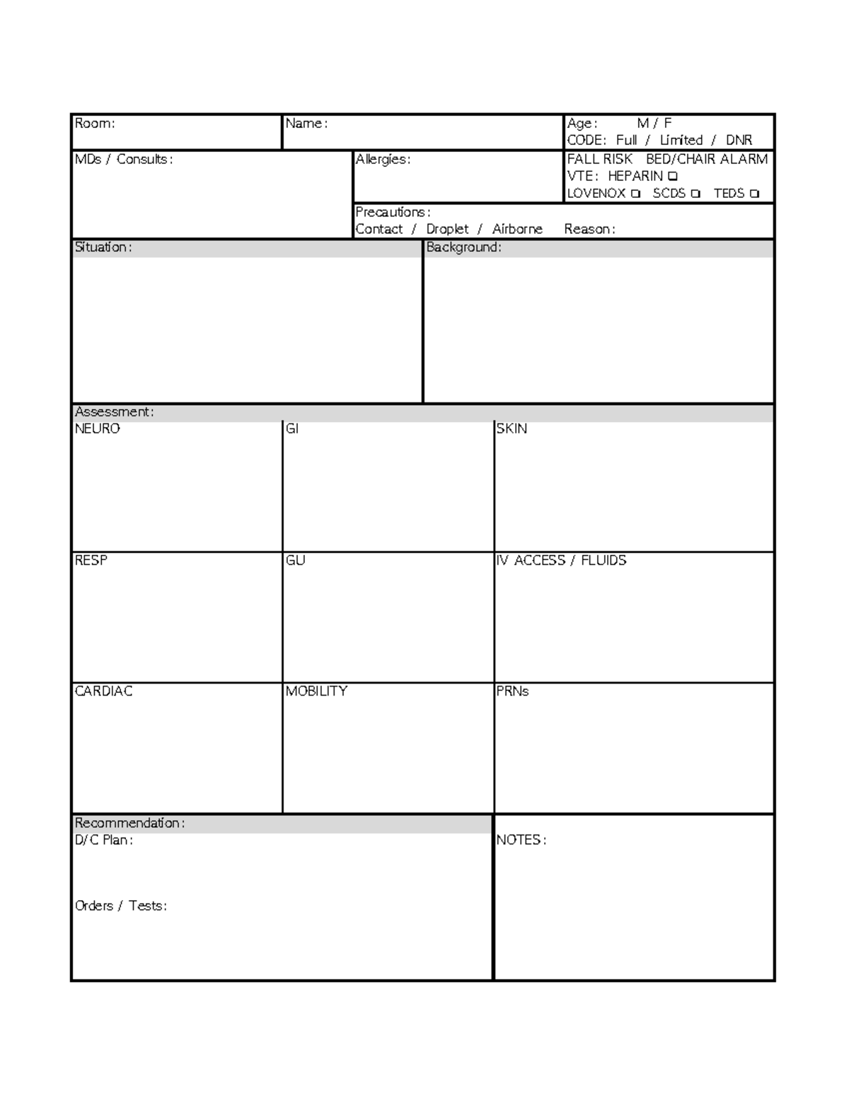 Report sheets - n/a - NUR 445 - Room: Name: Age: M / F CODE: Full ...