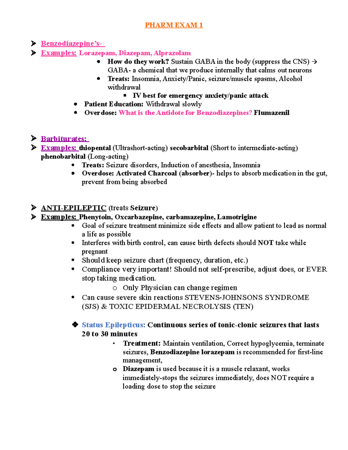 Pharm Exam 1 Study Guide - PHARM EXAM 1 Benzodiazepine’s - Examples ...