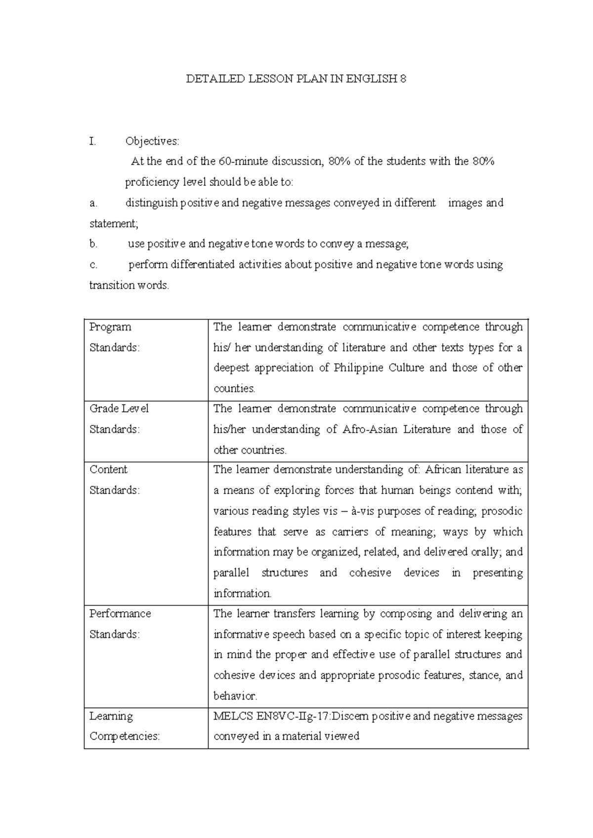TTL2 Lesson PLAN - DETAILED LESSON PLAN IN ENGLISH 8 I. Objectives: At ...