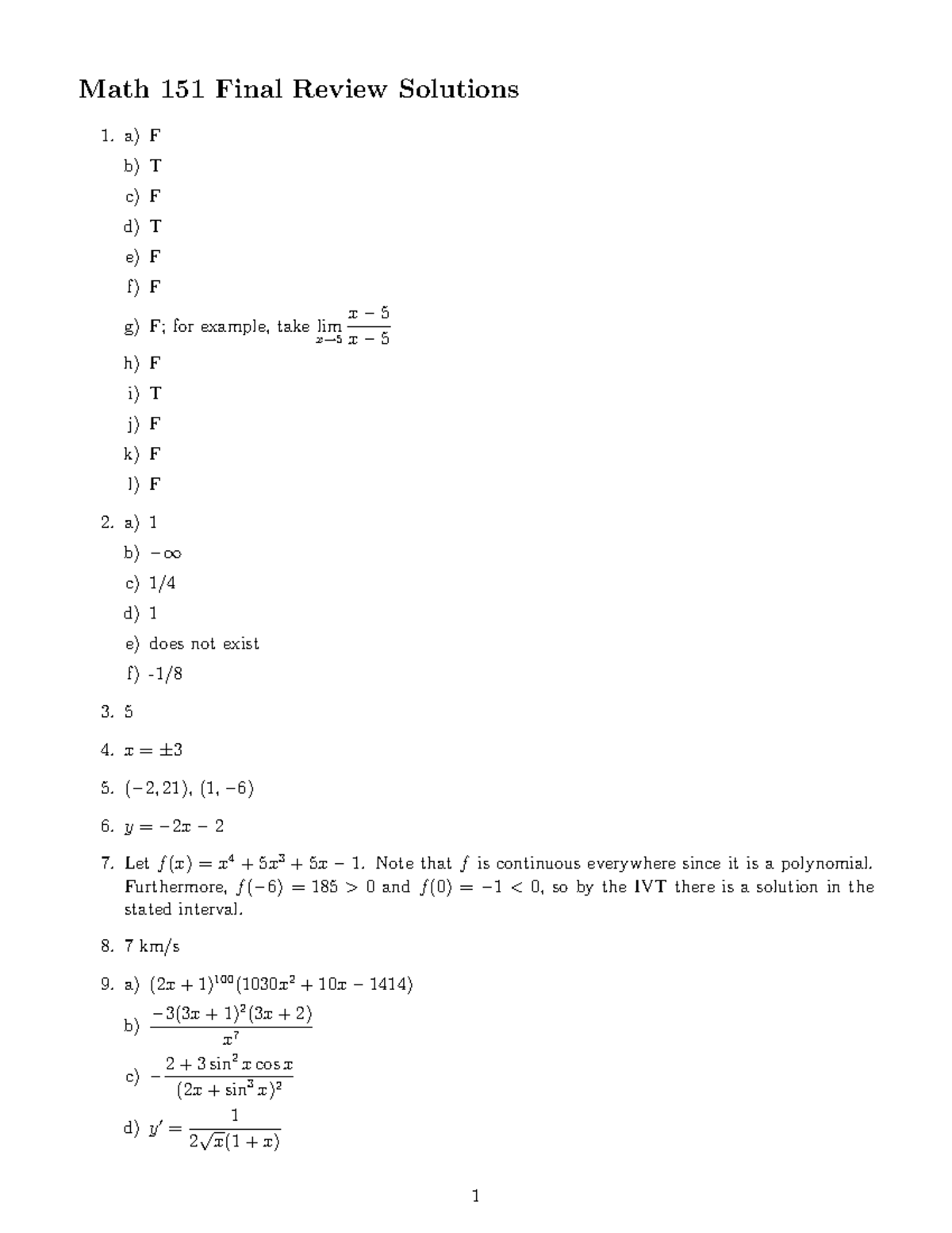 Review-solutions - Summary Calculus I - Math 151 Final Review Solutions ...