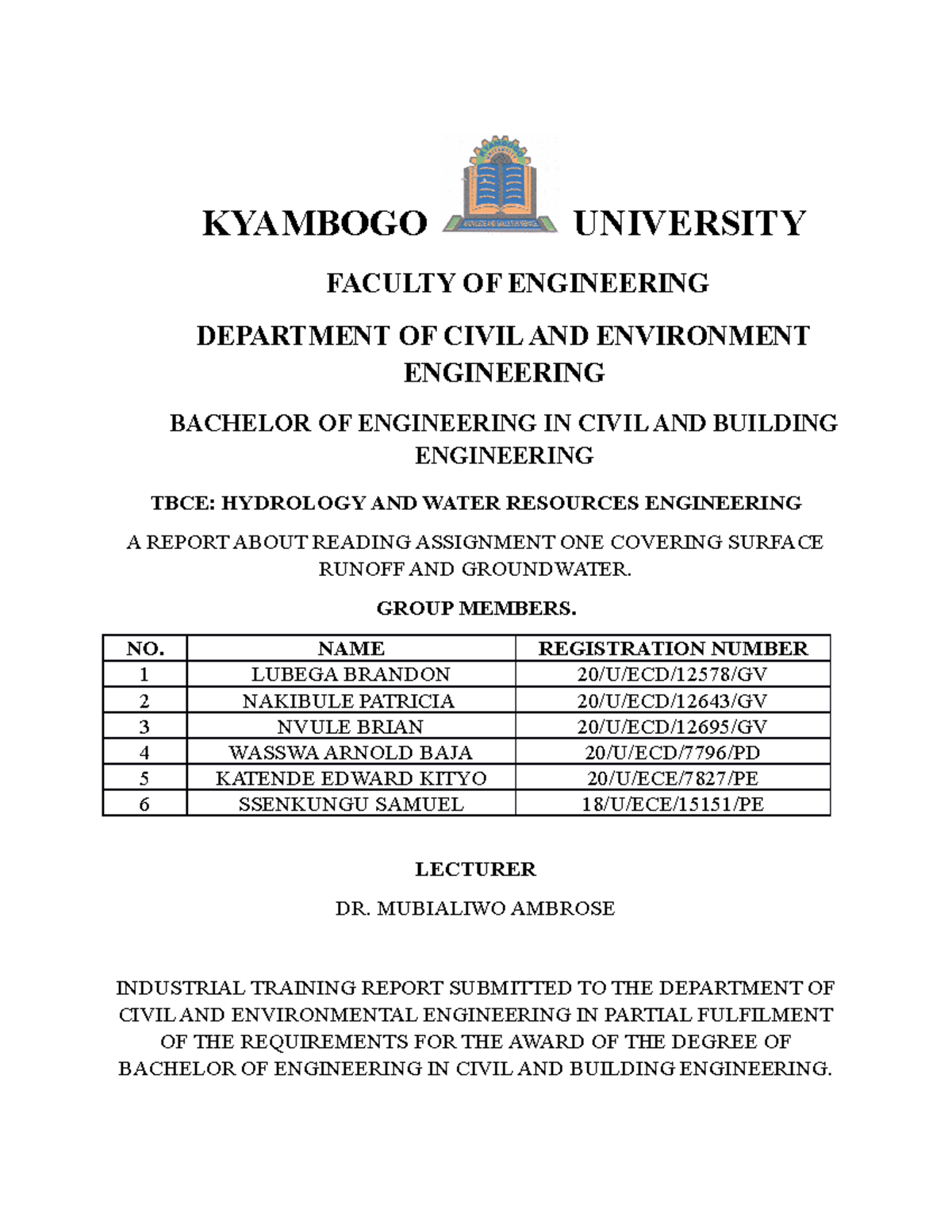 TBCE 3106 Hydrology AND Water Resource Engineering Assignment ONE