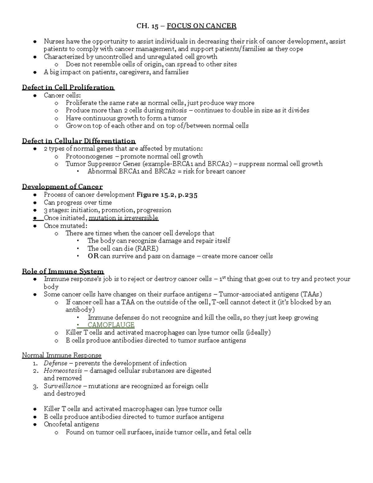 cancer lecture notes - CH. 15 – FOCUS ON CANCER Nurses have the ...