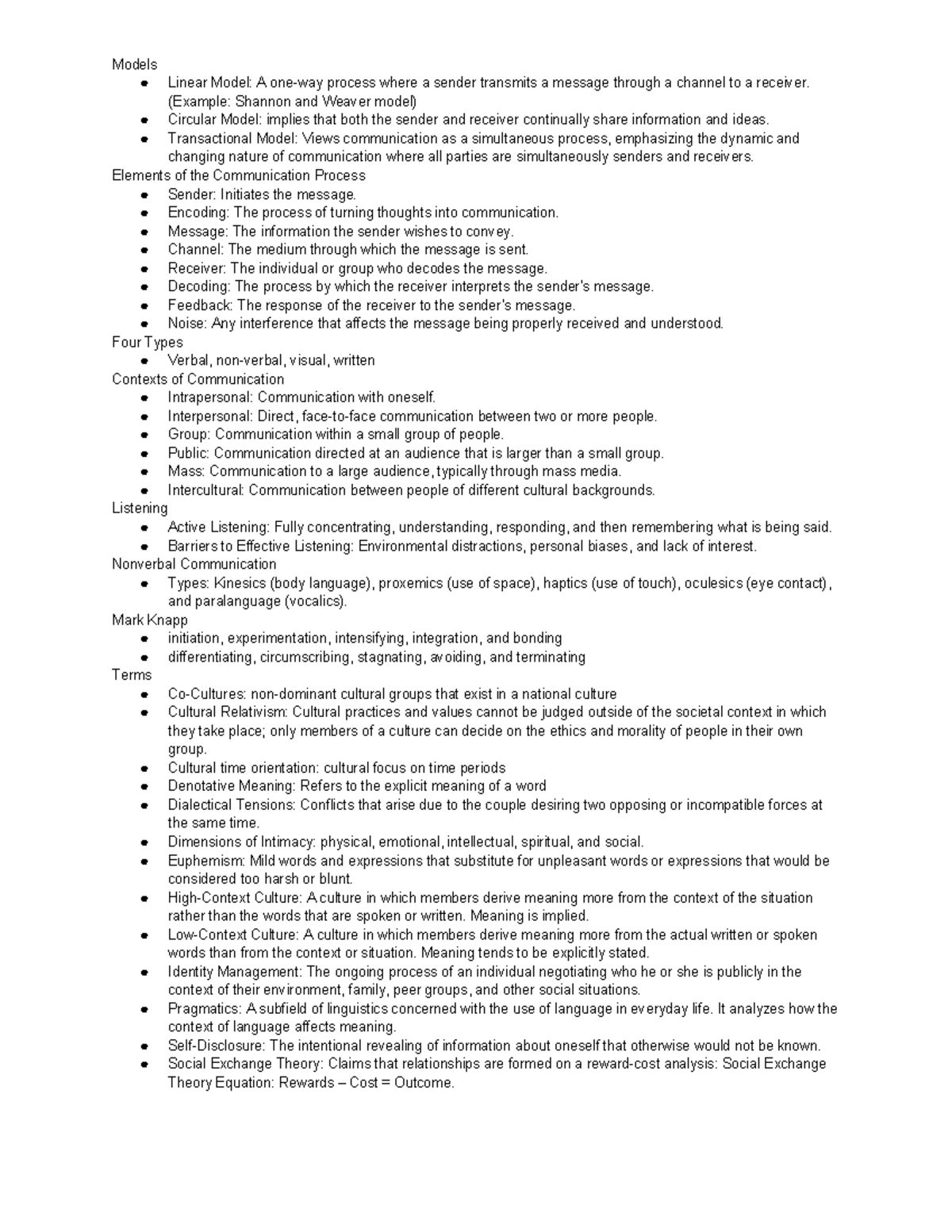 COM 100 Note Sheet Exam 1 Models Linear Model A oneway process