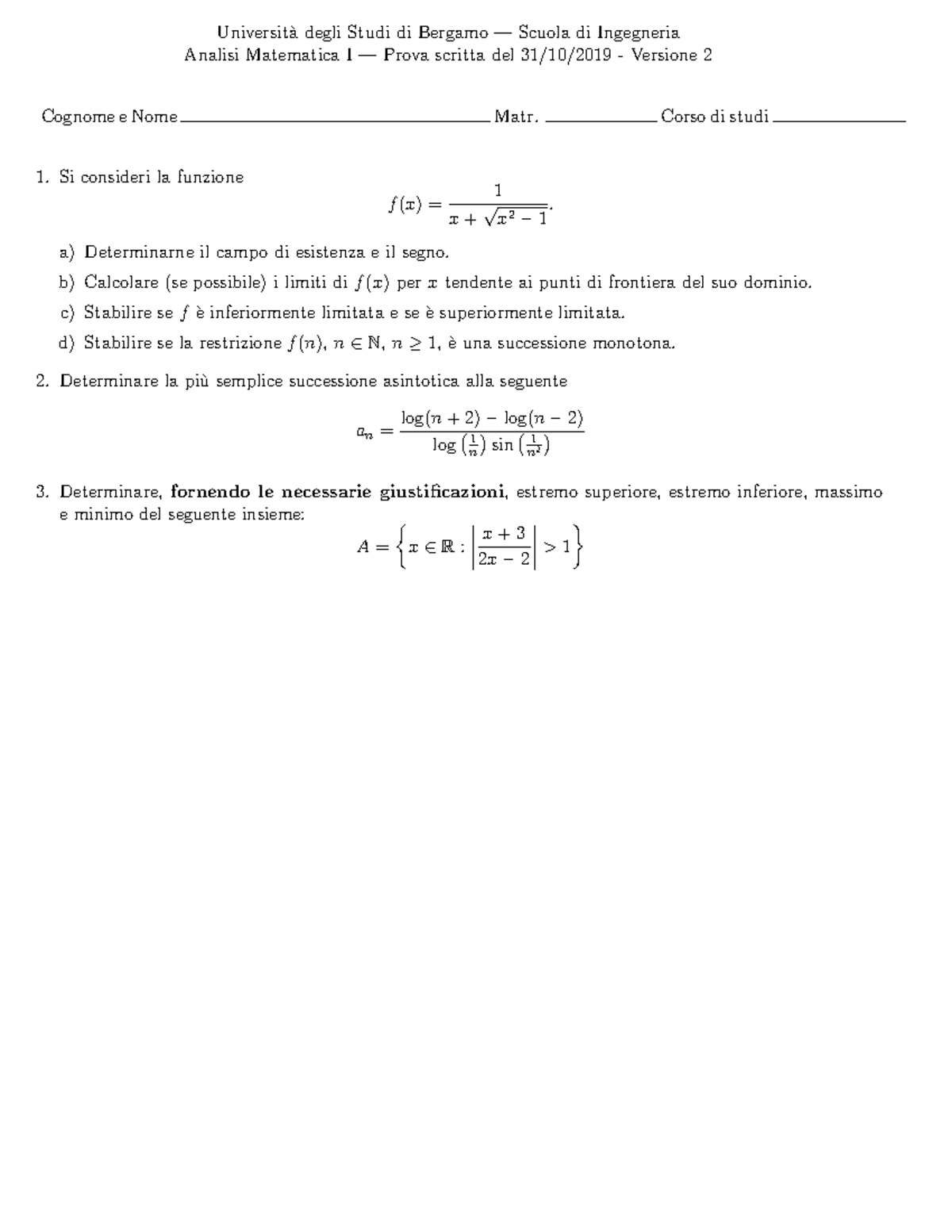 Tema 2 aaaaaa Universit`a degli Studi di Bergamo — Scuola di