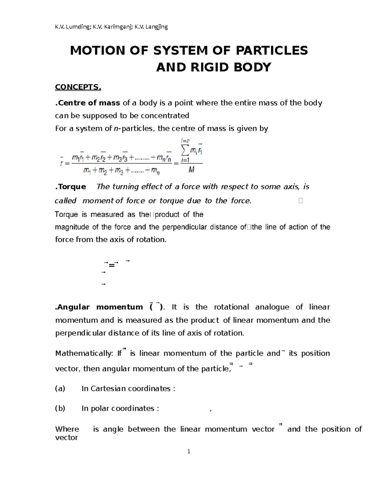11 physics notes 05 motion of system of particles and rigid body ...