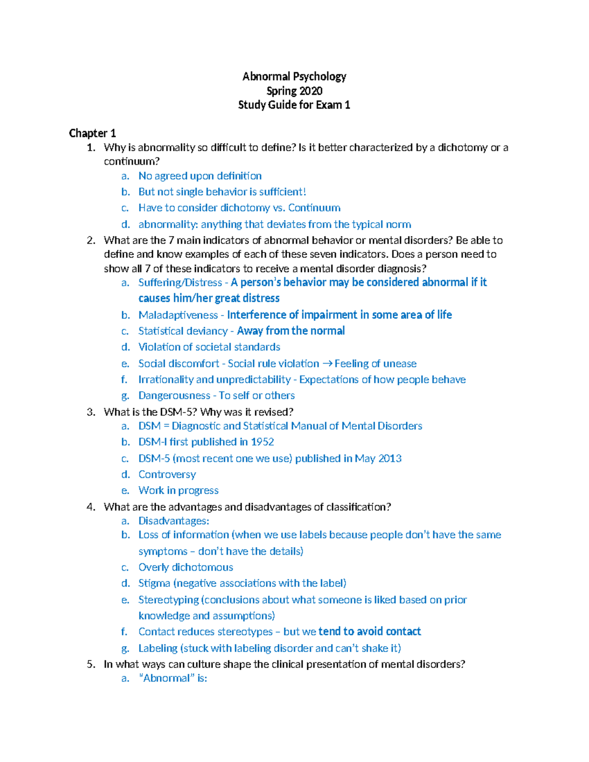 Exam 1 Study Guide - nfhewbfb - Abnormal Psychology Spring 2020 Study ...