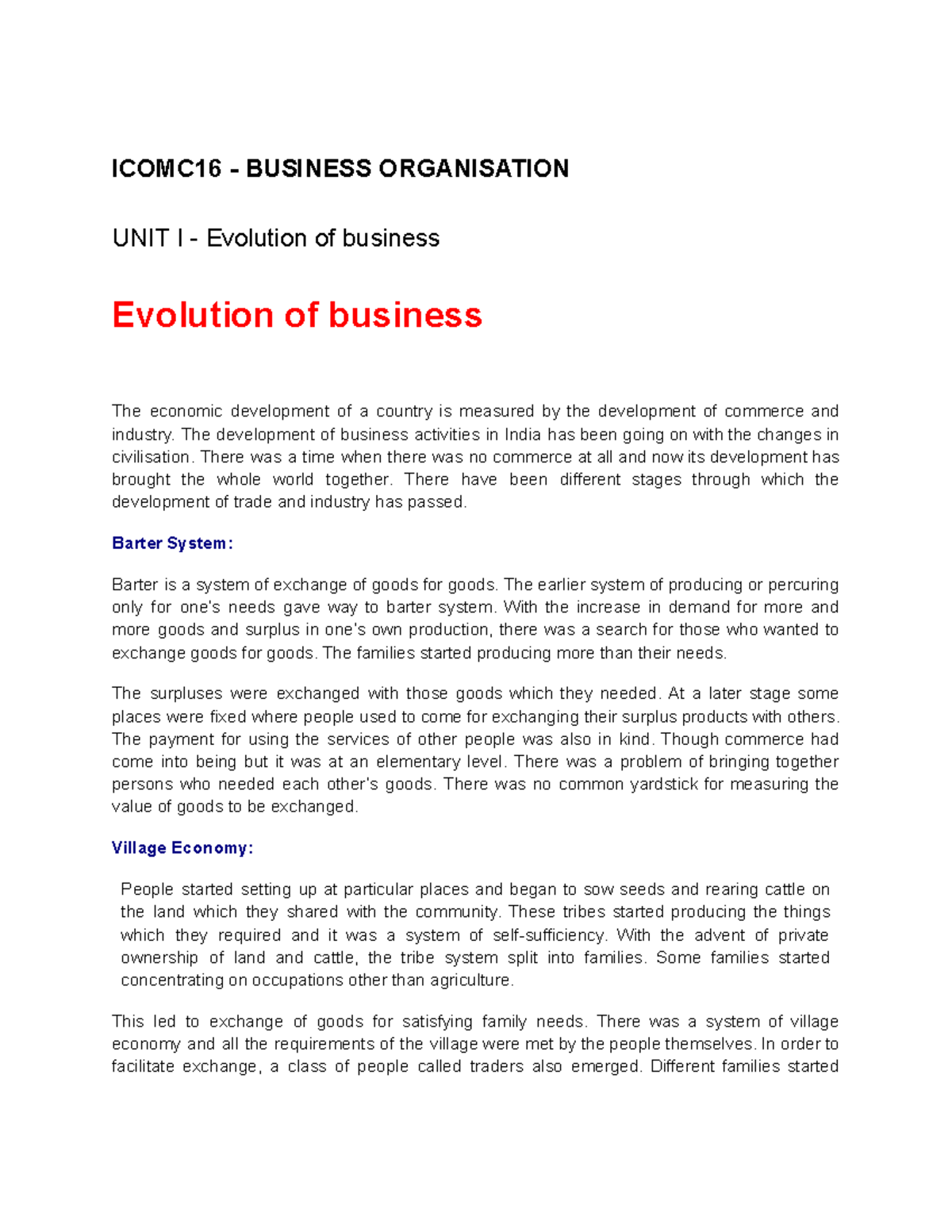 Evolution Of Business - ICOMC16 - BUSINESS ORGANISATION UNIT I ...