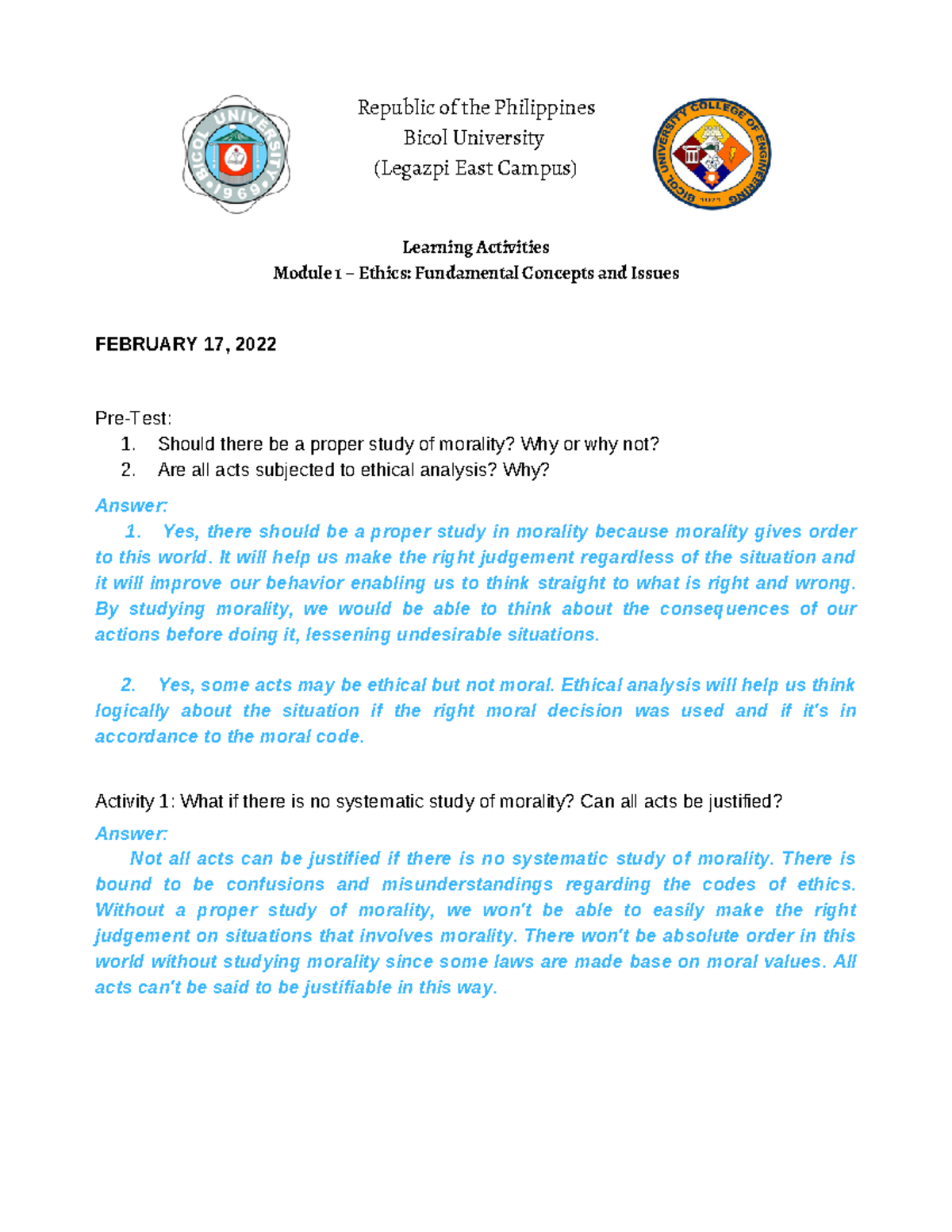 Ethics Module 1 Republic Of The Philippines Bicol University Legazpi