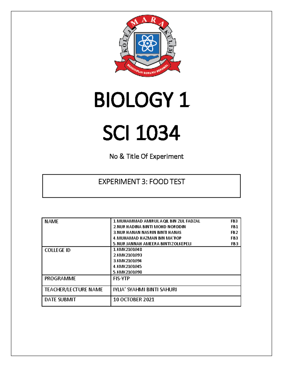 FOOD TEST LAB REPORT (CARBOHYDRATE,PROTEINS,LIPIDS AND VITAMIN C