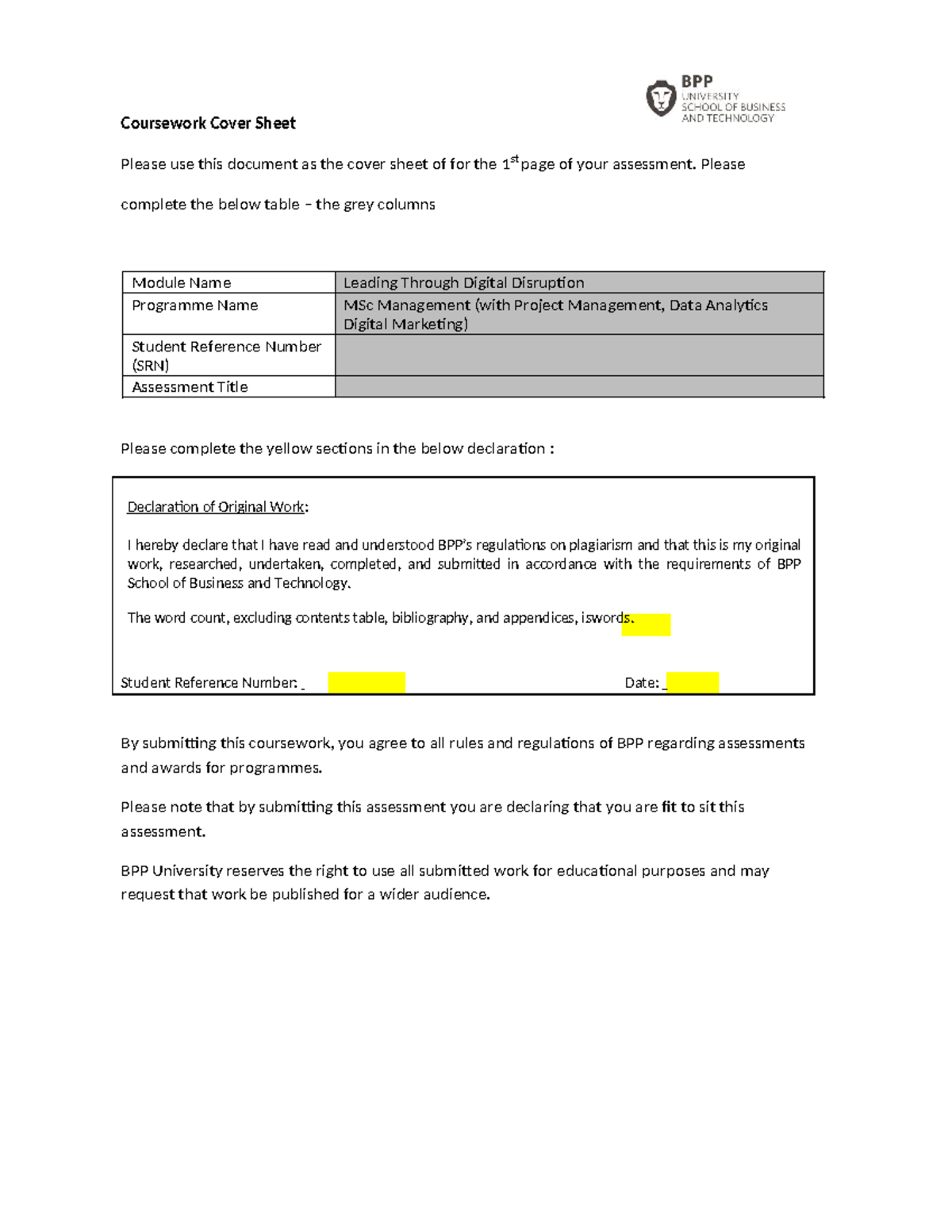 Leading through Digital Disruption - Coursework Cover Sheet Please use ...