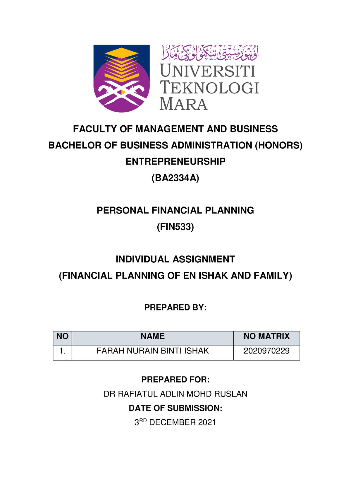 FULL Report Individual Assignment FIN533 - FACULTY OF MANAGEMENT AND ...