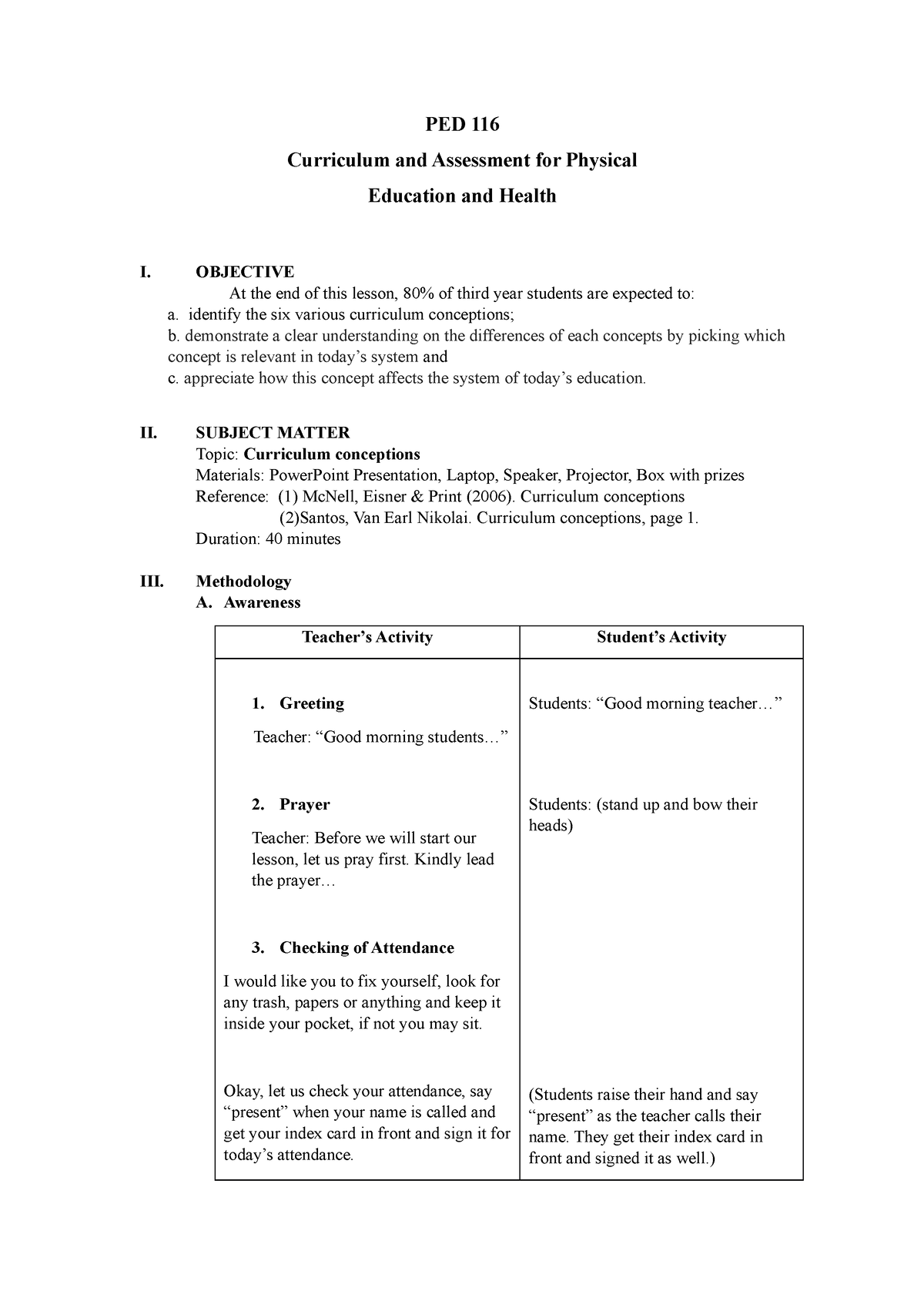 Bandahala, Giokhoon BPED 3 Lesson PLAN - PED 116 Curriculum and ...