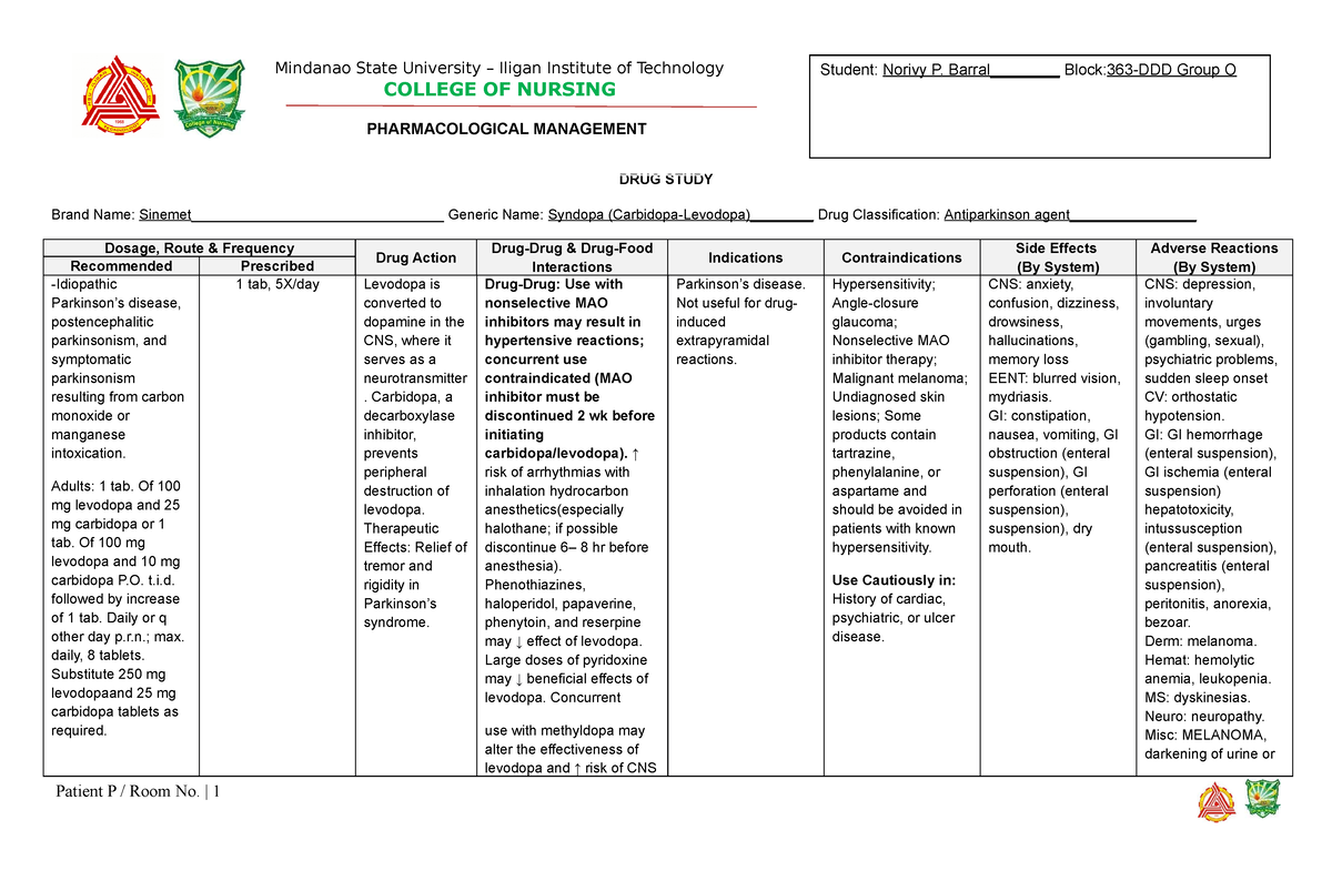 CASE 4 Drug Study - case - DRUG STUDY Brand Name: Sinemet