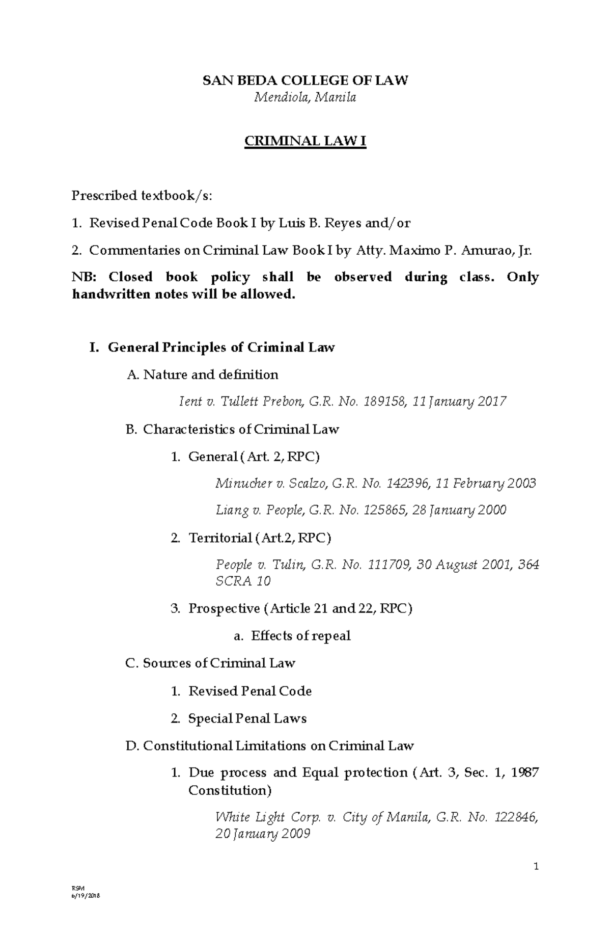 Pdfcoffee - Criminal Law Syllabus - 1 SAN BEDA COLLEGE OF LAW Mendiola ...