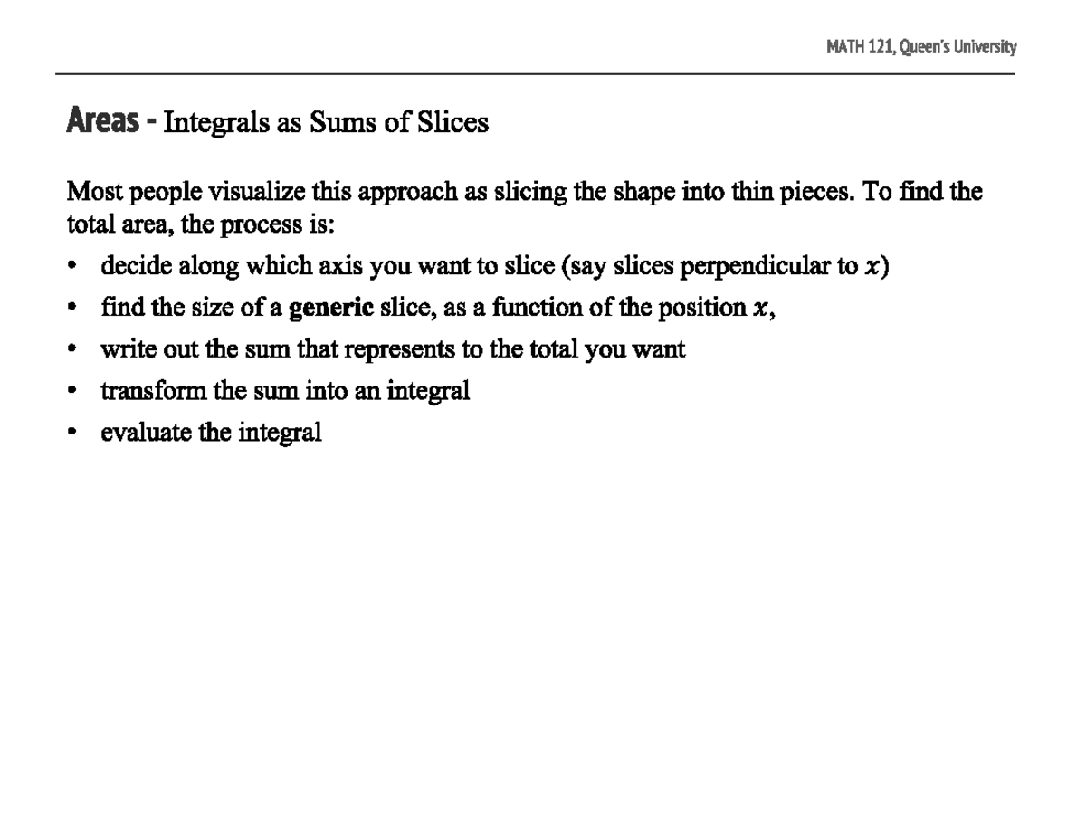 Areas and Volumes - MATH 121, University Areas Integrals as Sums of ...