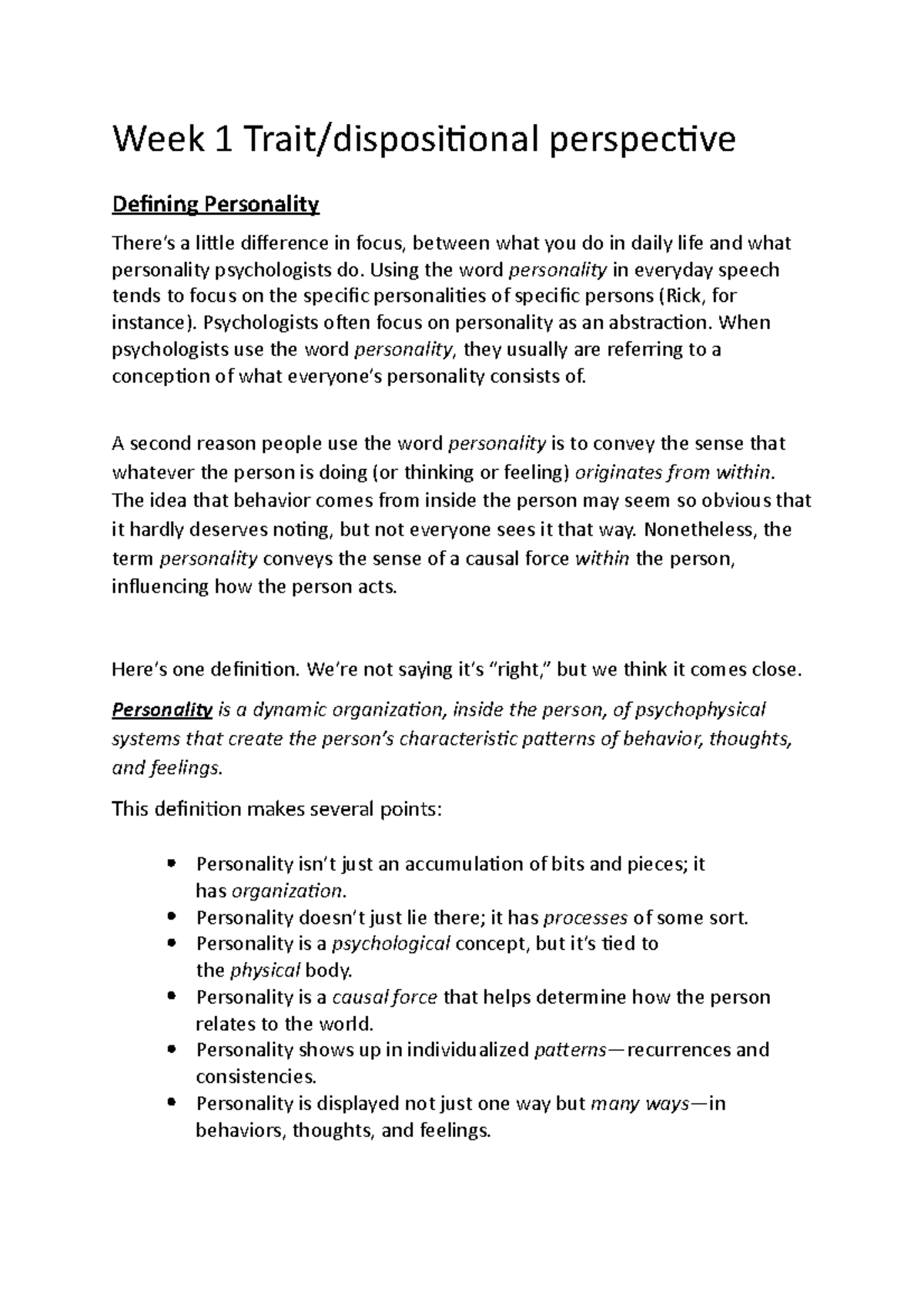 The Psychology of Personality PSY30008 notes - Week 1 Trait ...