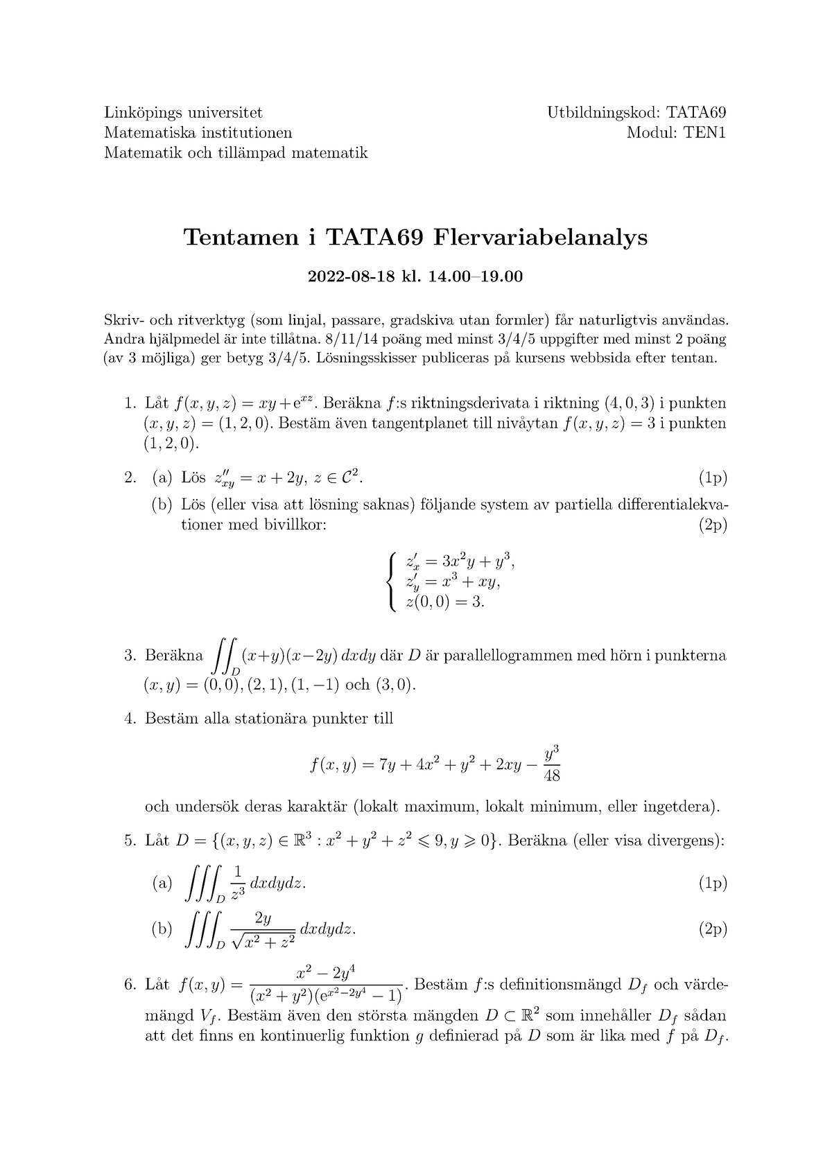 Ten. 22-0818 - Tenta - Link ̈opings Universitet Utbildningskod: TATA ...