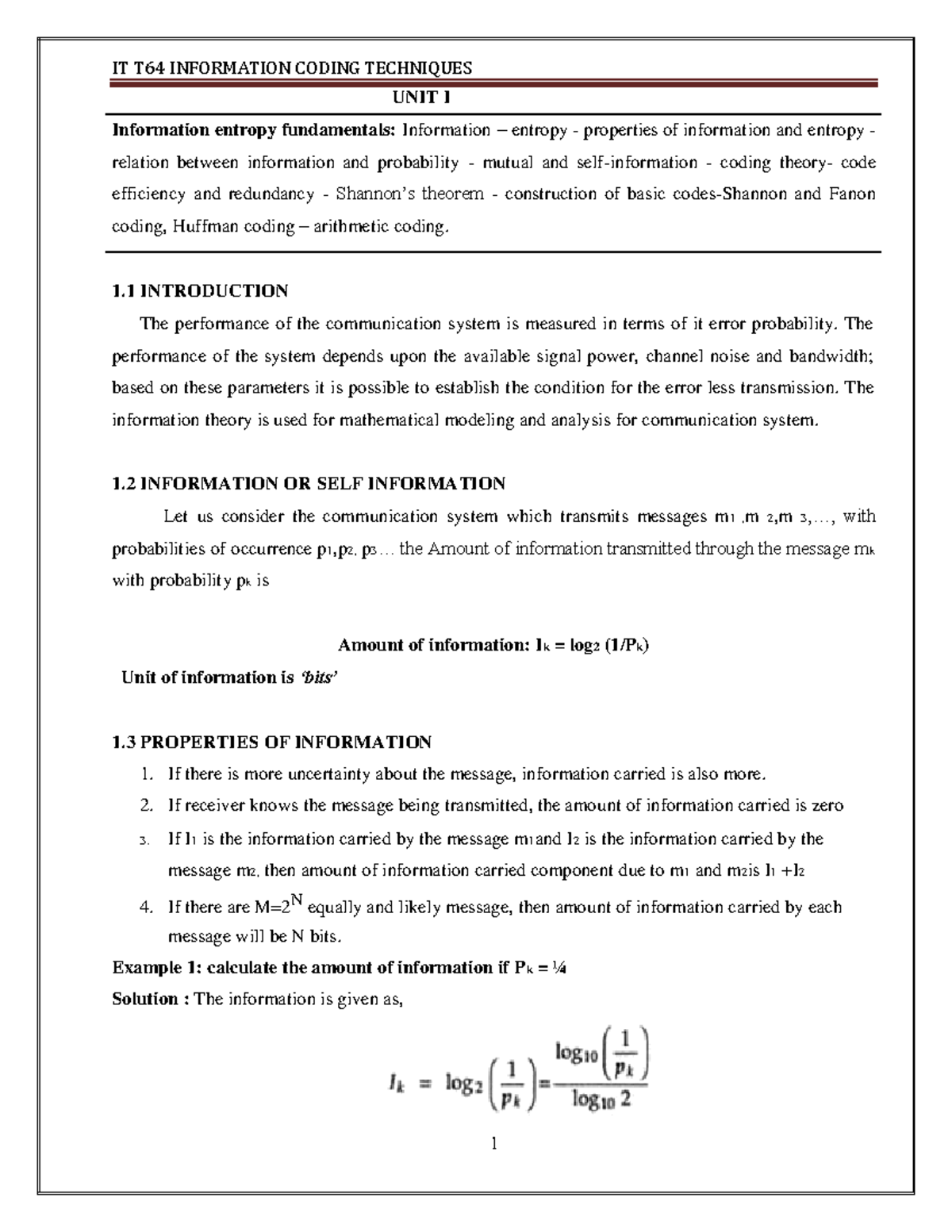 ICT(U1) - Information entropy fundamentals: Information – entropy ...