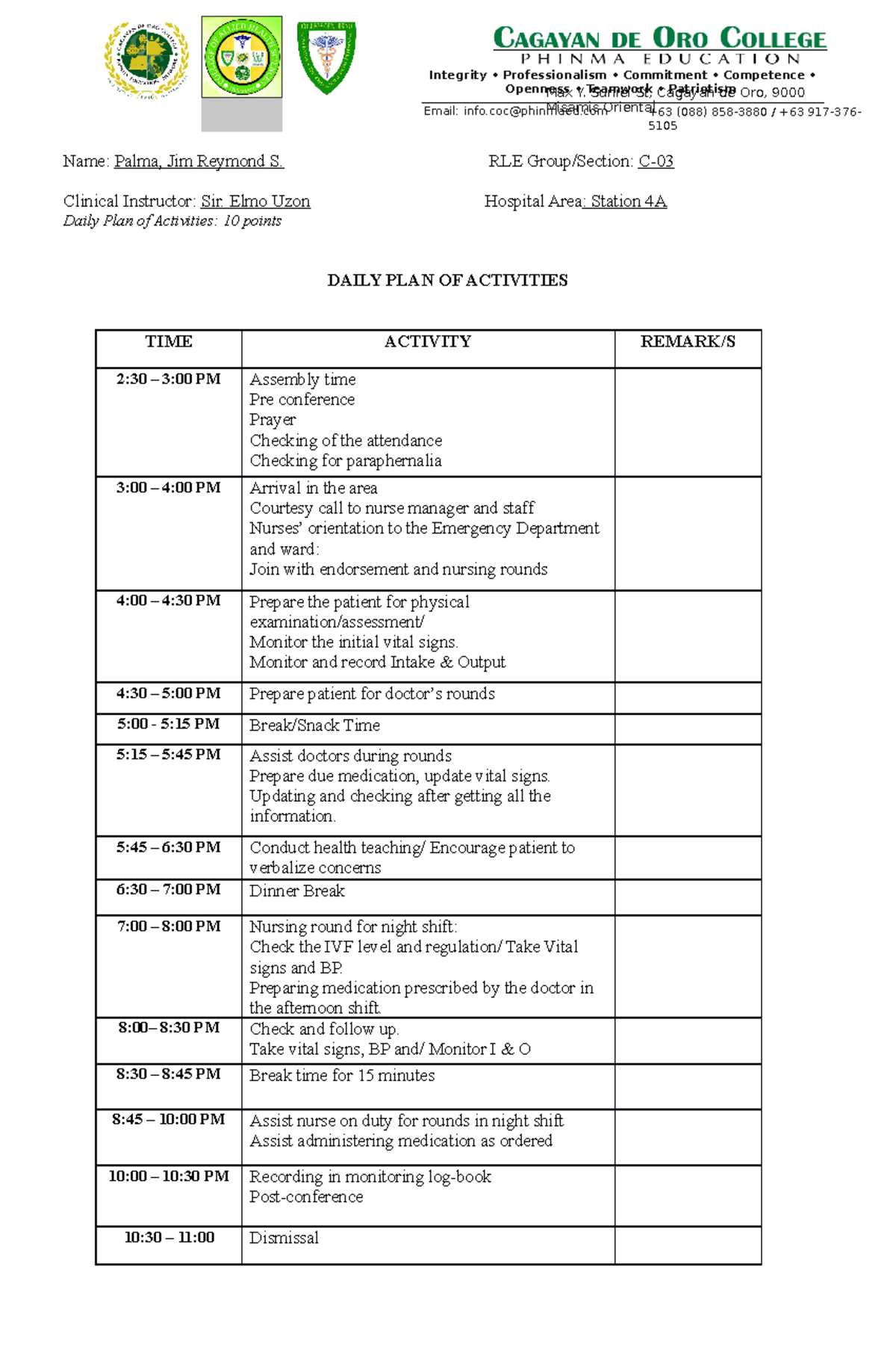 daily plan of activities in community health nursing