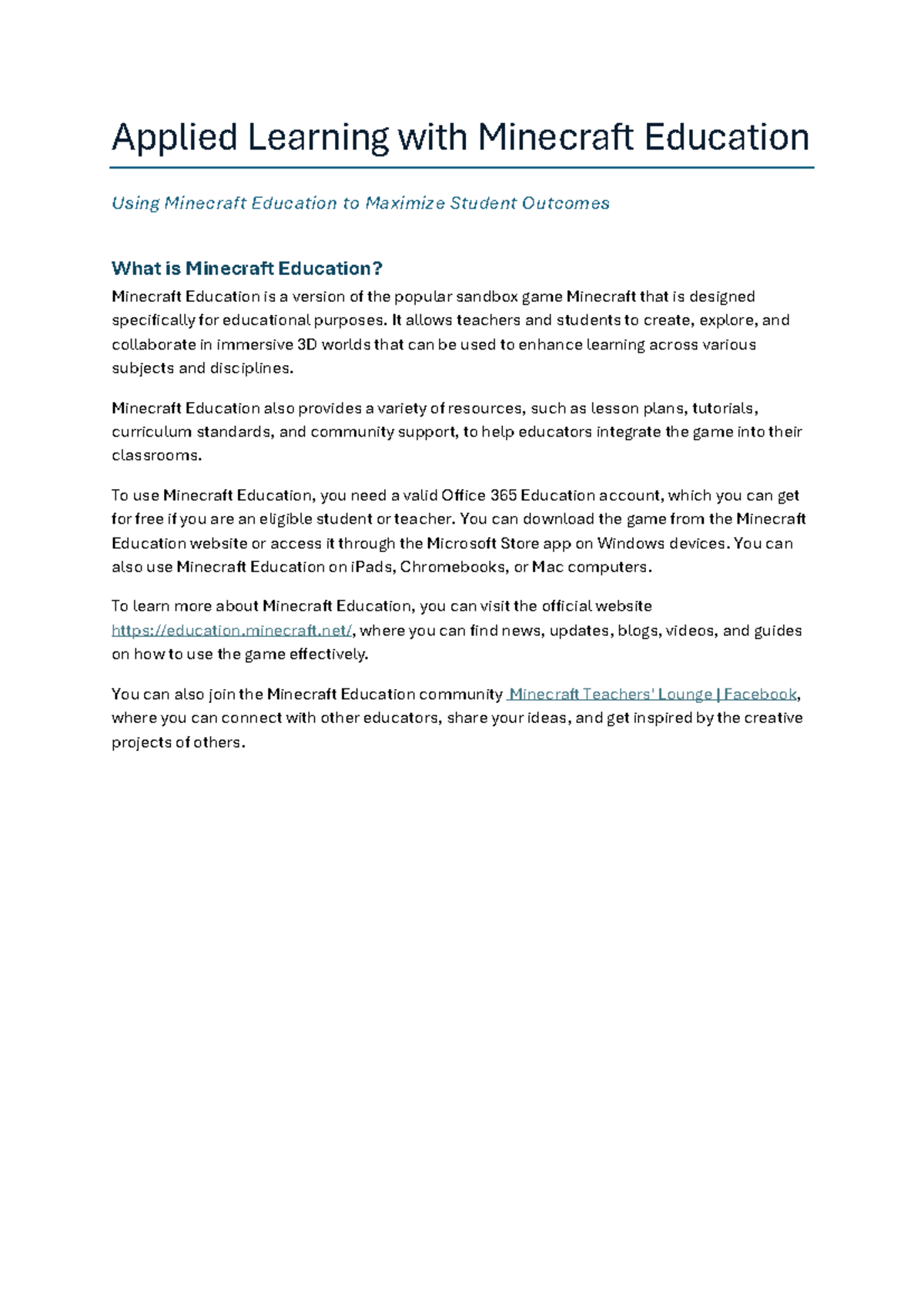 Applied Learning with Minecraft Education - It allows teachers and ...