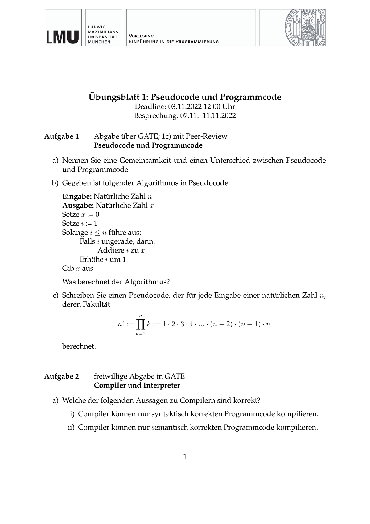 Ex1 - Übungsblatt 1 - Vorlesung:Einführung In Die Programmierung ...