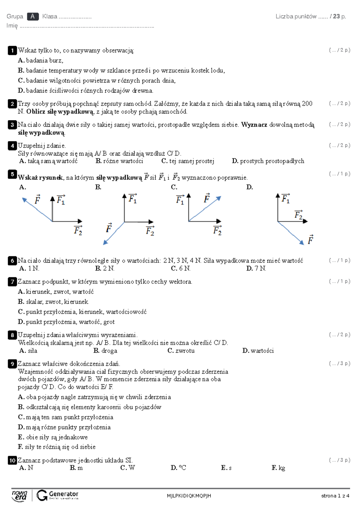 1 Test – ekowydruk - kartkówka - Grupa A Klasa