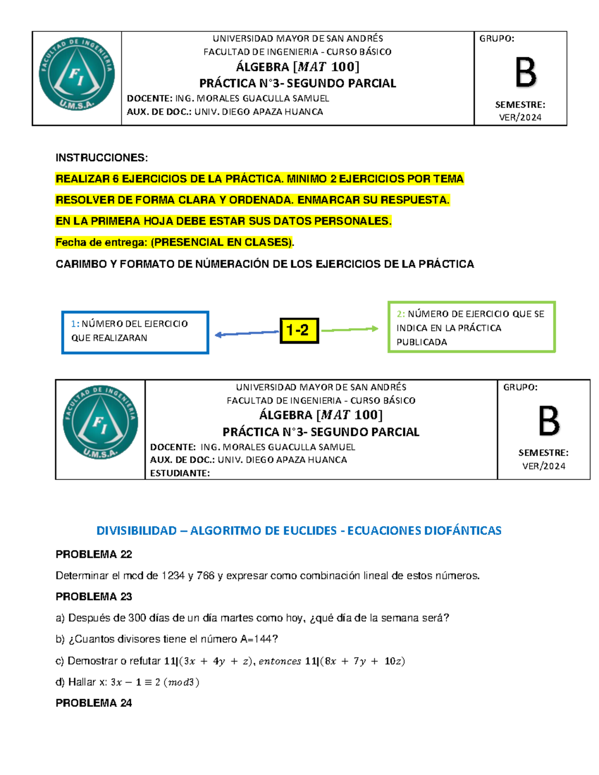 PRÁ Ctica N°3 Á Lgebra MAT100 Grupo B - INSTRUCCIONES: REALIZAR 6 ...