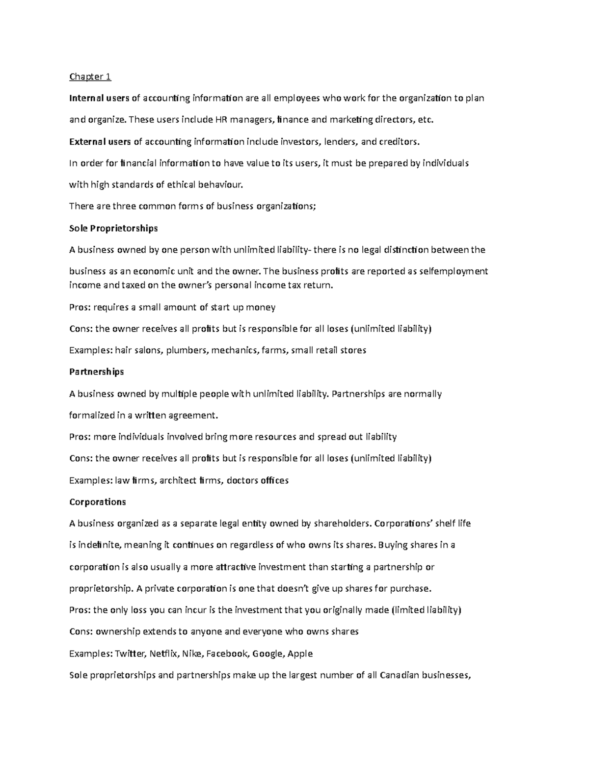 Comprehensive Notes - Chapter 1 Internal users of accounting ...