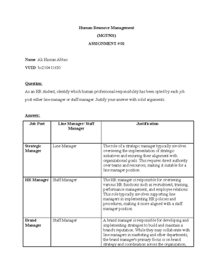 Spring 2023 MGT501 1 - Assignment no. 01 - HUMAN RESOURCE MANAGEMENT ...