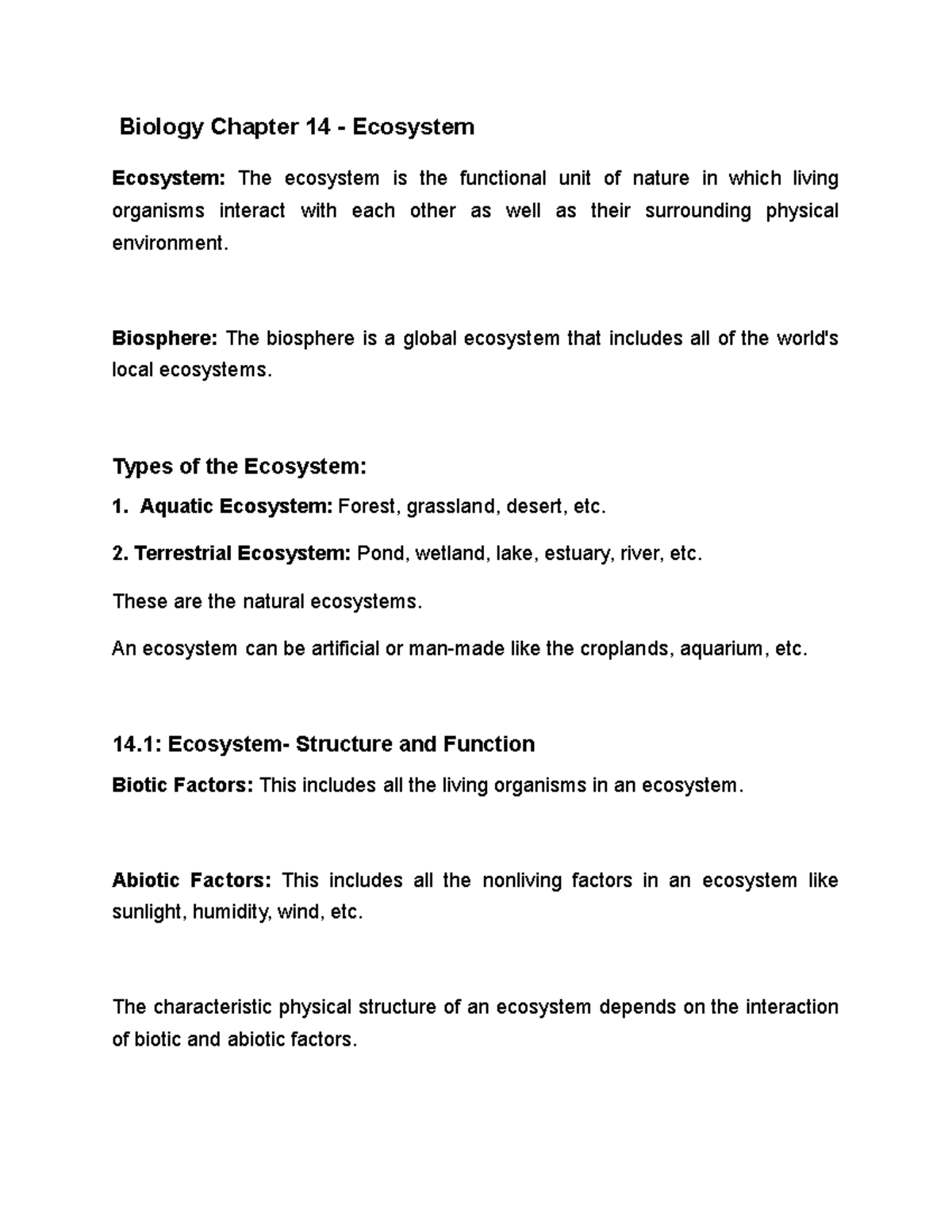 Biology Chapter 14 - Ecosystem - Biology Chapter 14 - Ecosystem ...