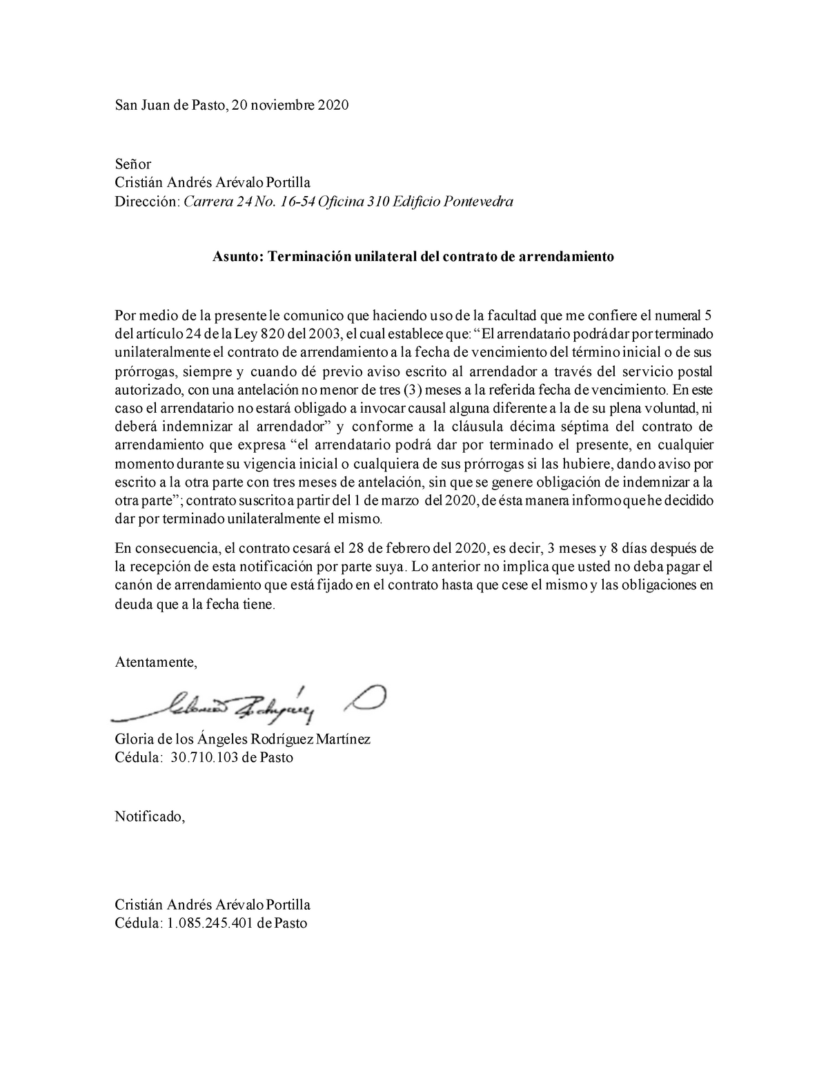 Carta Terminación Contrato Arrendamiento O - San Juan de Pasto, 20  noviembre 2020 Señor Cristián - Studocu