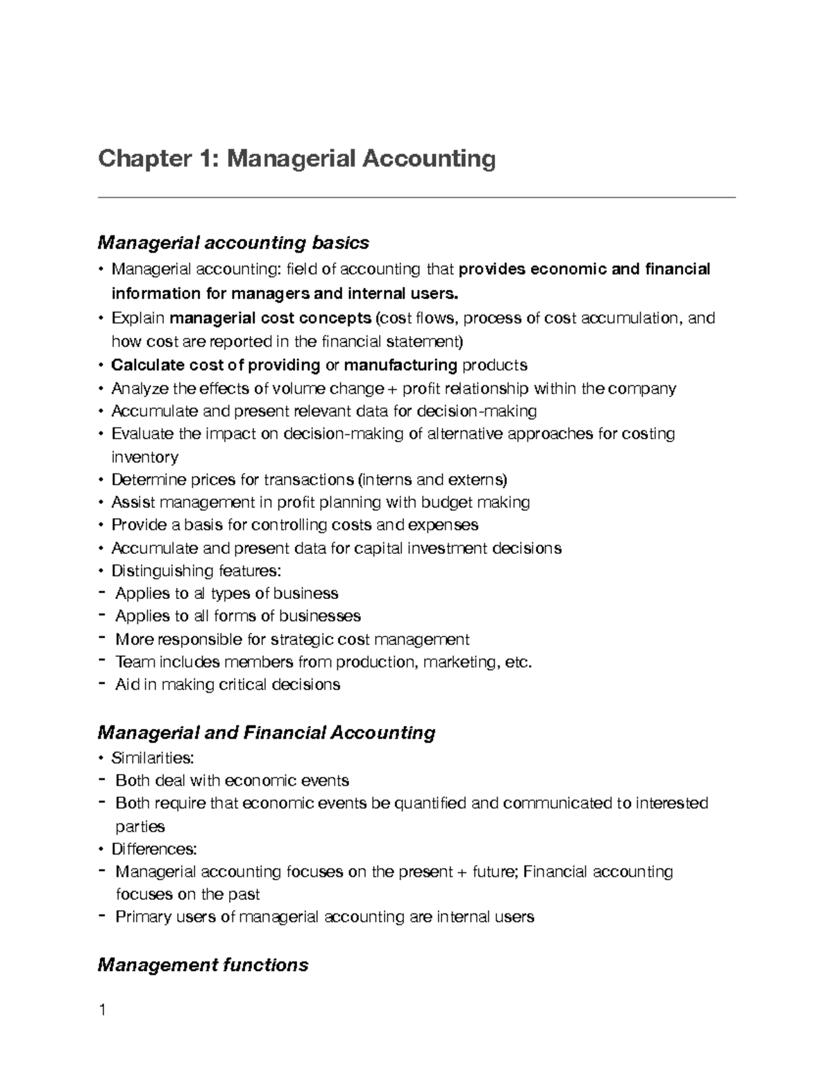 COMM305- Chapter 1 - Chapter 1: Managerial Accounting Managerial ...