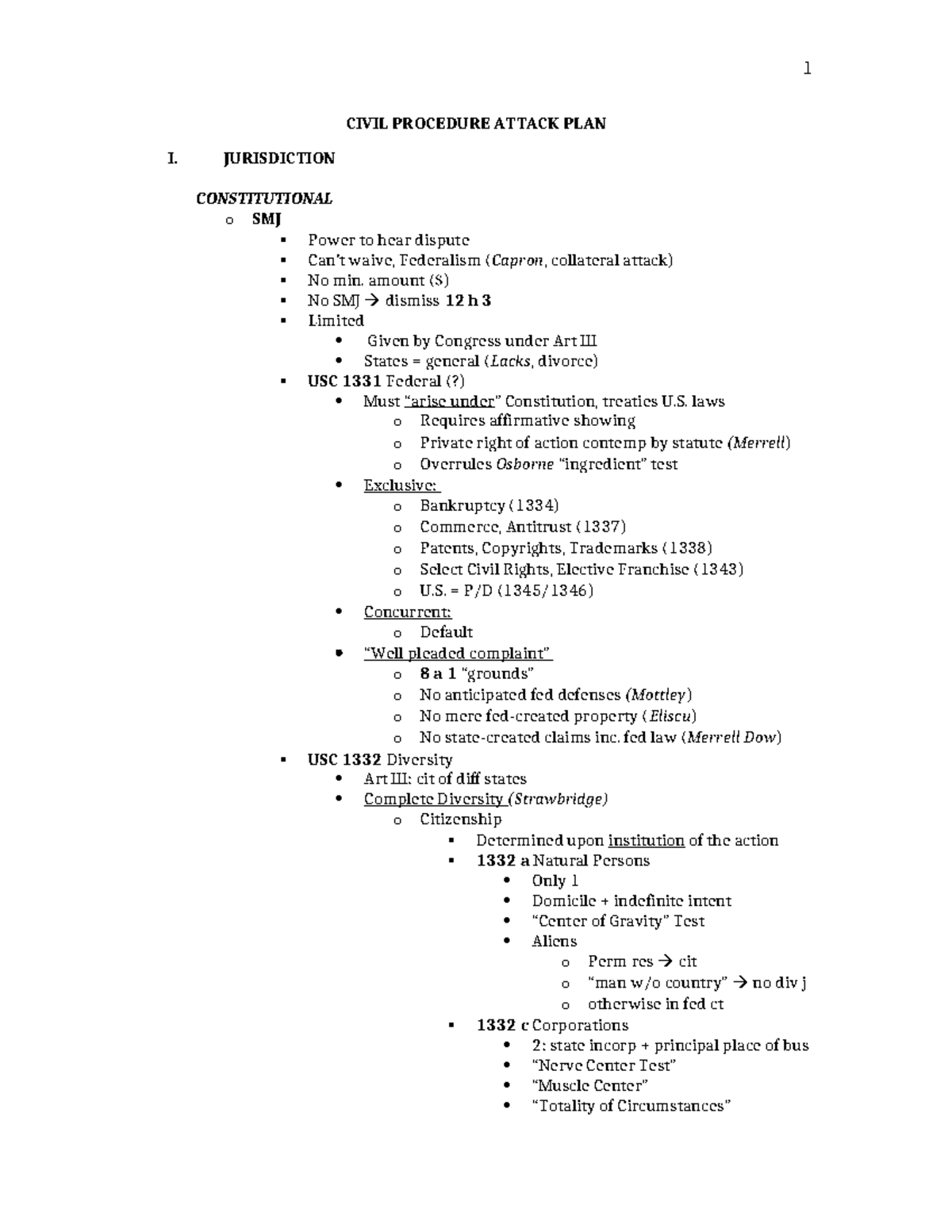 Civil Procedure - Miller - Fall 2008 - CIVIL PROCEDURE ATTACK PLAN I ...