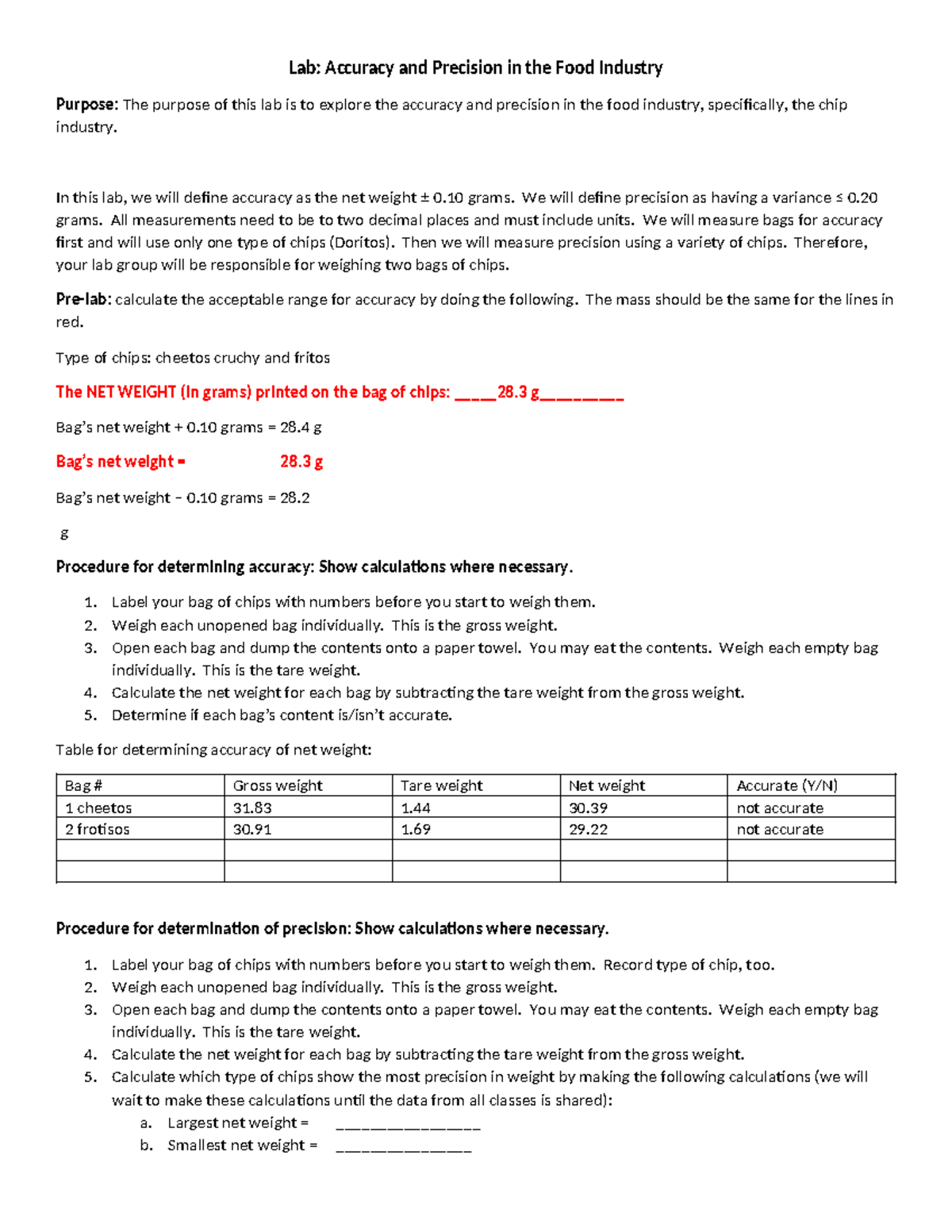 Accuracy v precision lab Lab Accuracy and Precision in the Food