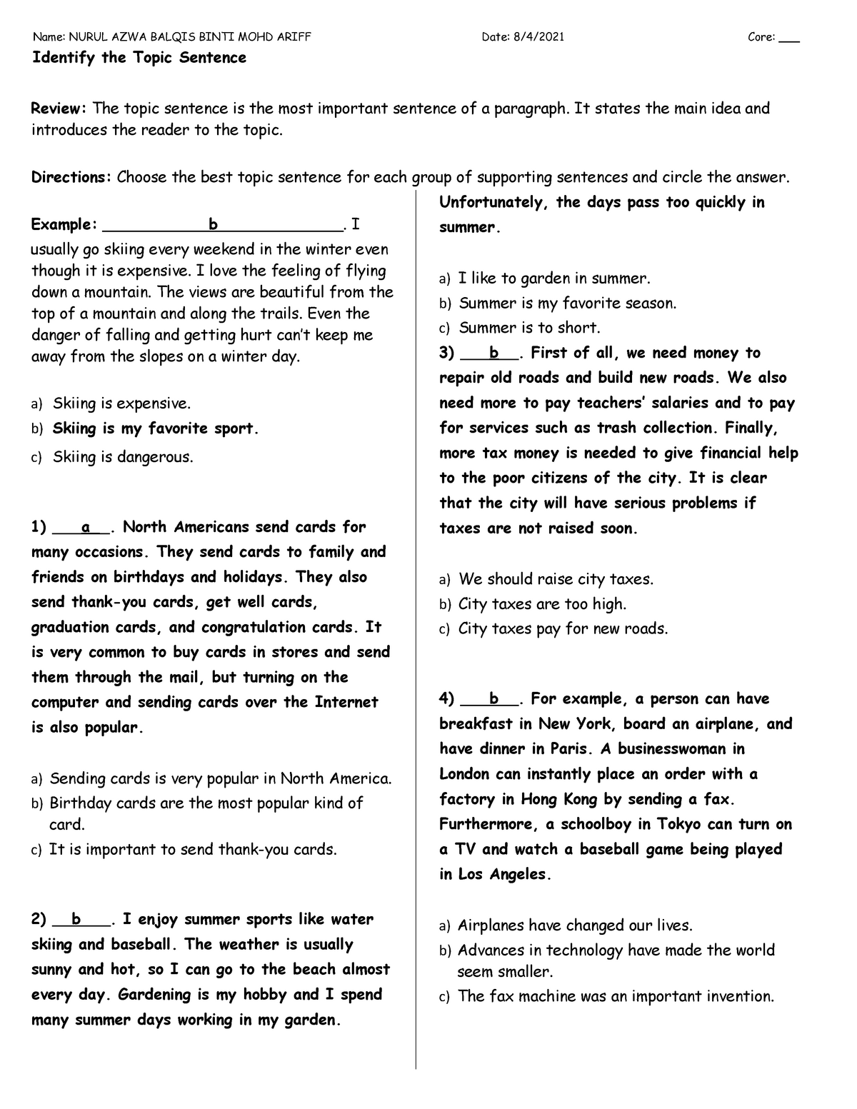 Topic Sentences Multiple Choice Questions A FOR EXELLENT ADVANTURE 