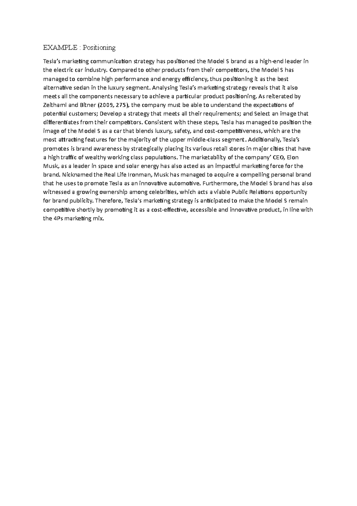 Example - Grade: A - EXAMPLE : Positioning Tesla’s marketing ...