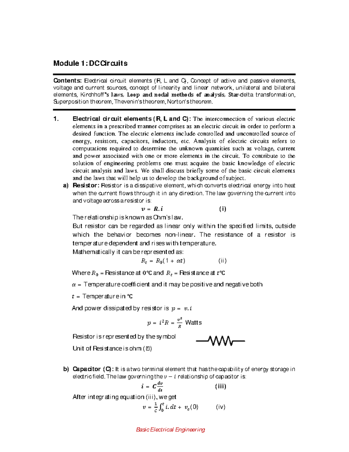 Basic Electrical Engineering All Unit Notes-1 - Module 1: DC Cir Cuits ...