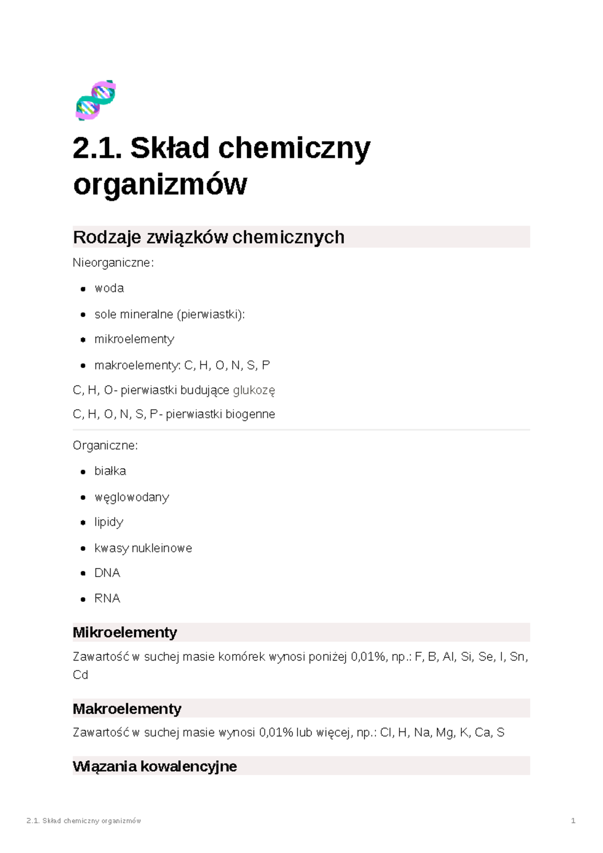 2 1 Skład chemiczny organizmów - Biologia - Zakres rozszerzony - Studocu