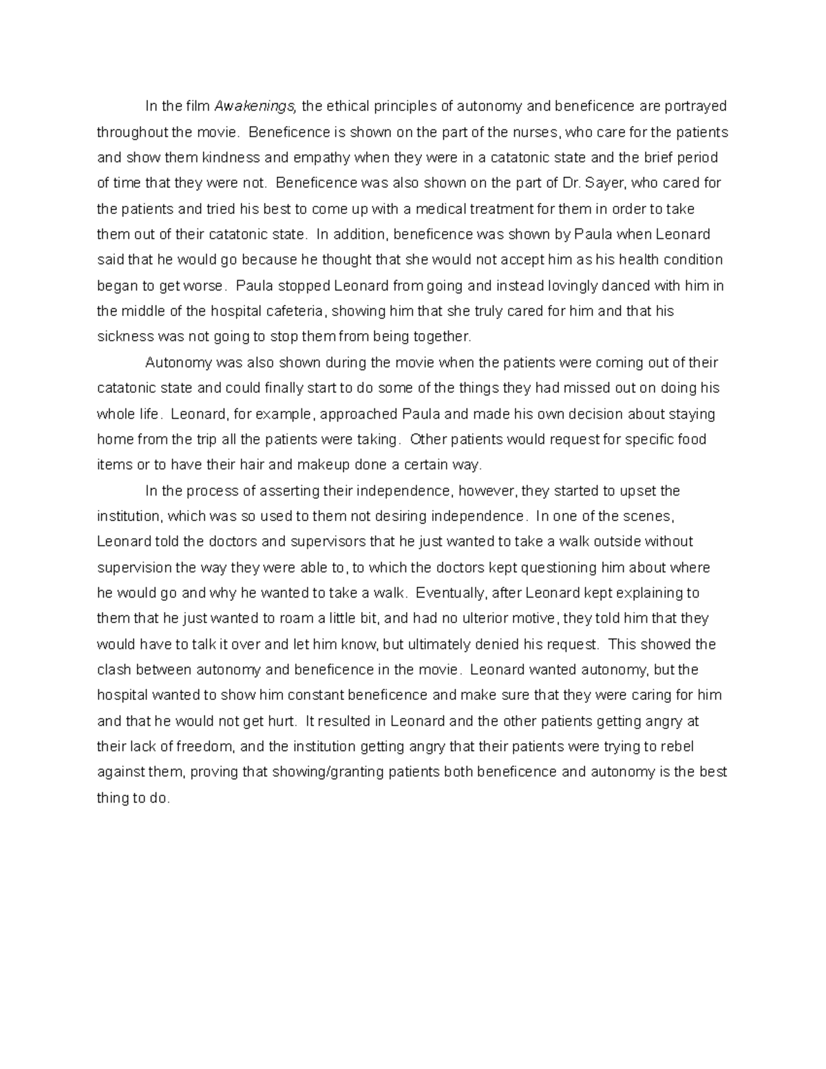 awakenings movie summary essay