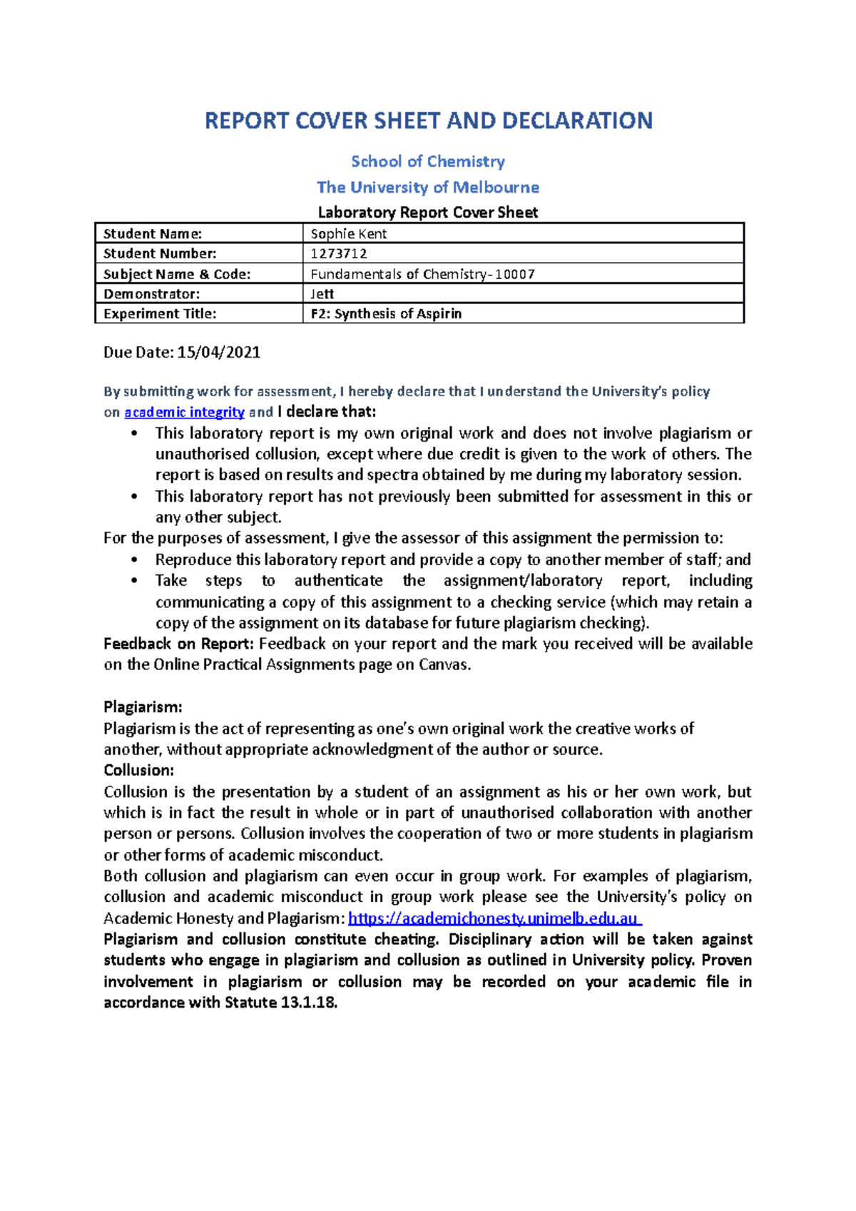 F2 10007 - prac F2 - REPORT COVER SHEET AND DECLARATION School of ...