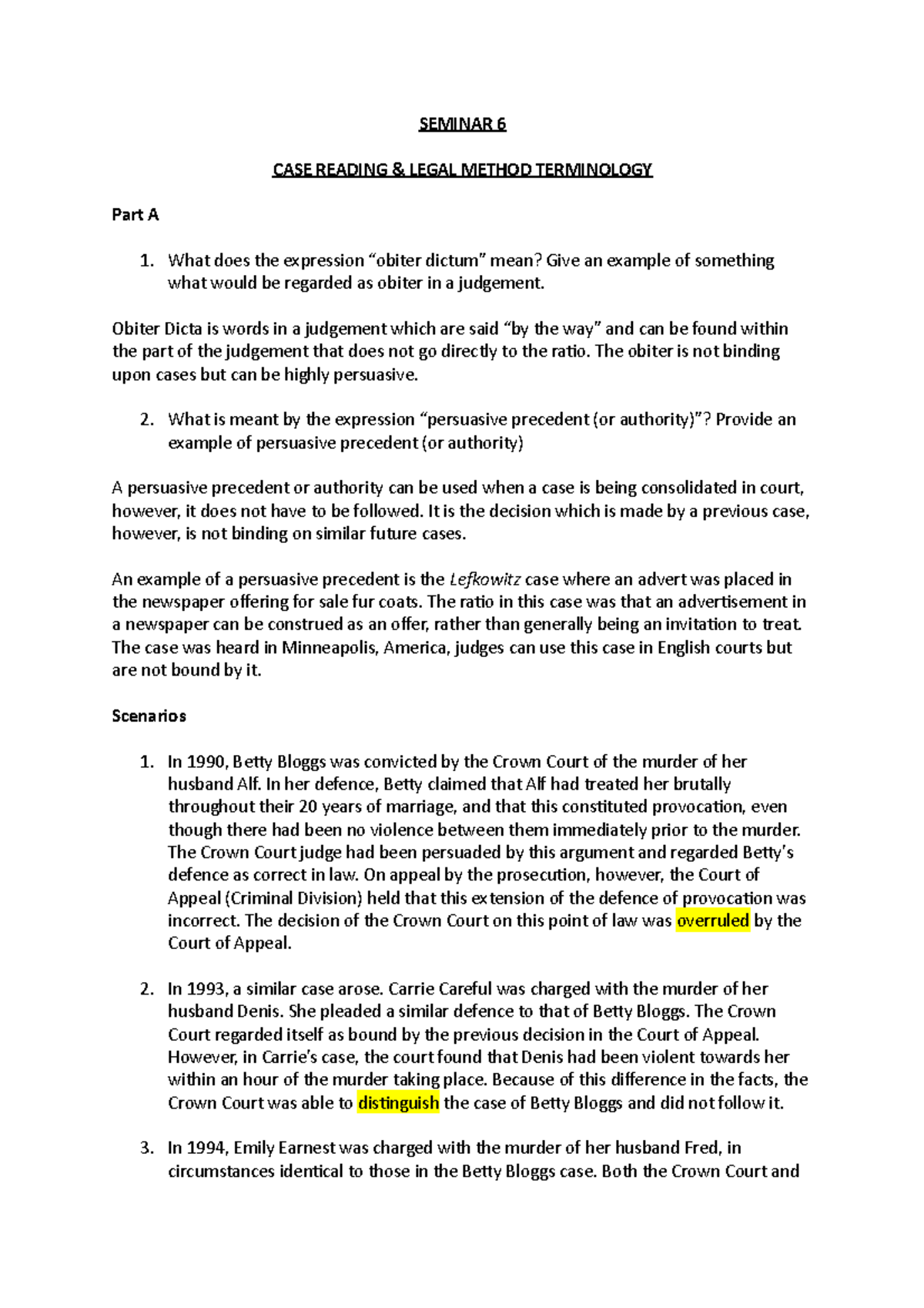Seminar 6 - SEMINAR 6 CASE READING & LEGAL METHOD TERMINOLOGY Part A ...