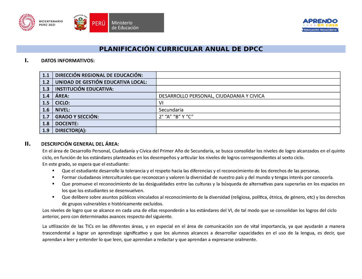 Programacion Anual 2° DPCC WWW - PLANIFICACIÓN CURRICULAR ANUAL DE DPCC ...