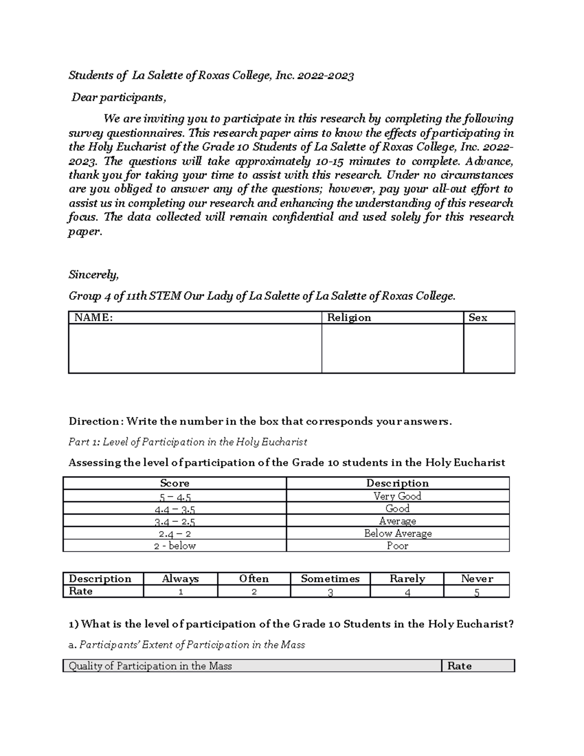 Essence questionnaire Students of La Salette of Roxas College, Inc