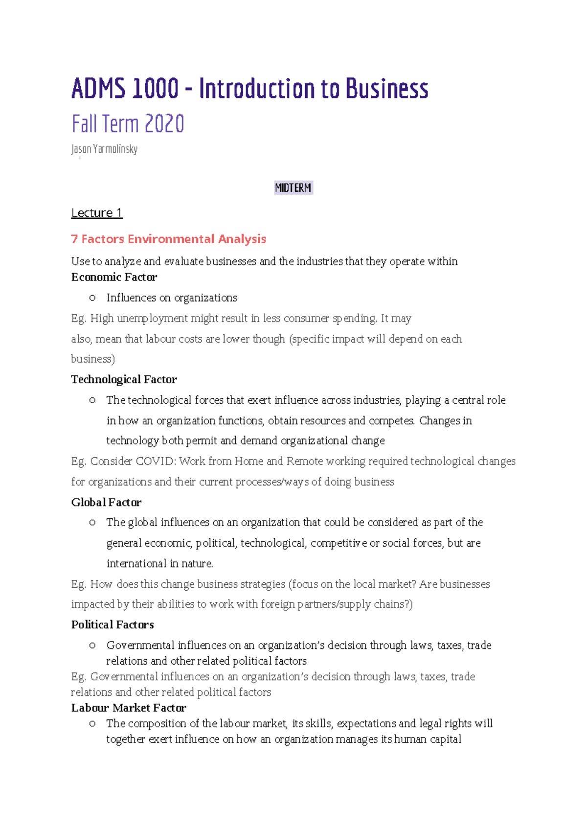 Buisness Notes - ADMS 1000 - Introduction to Business Fall Term 2020 ...