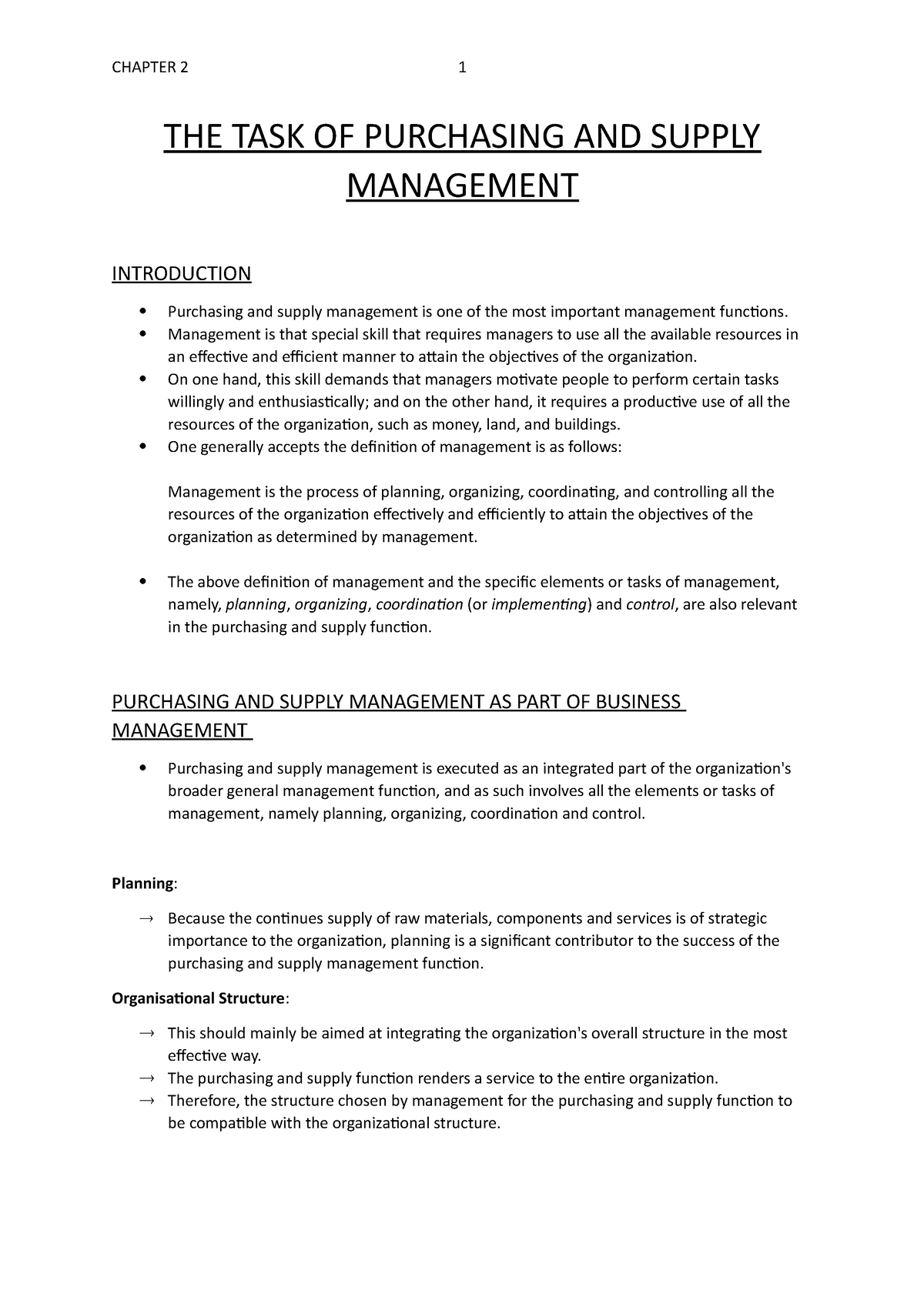 Obs 216 Chapter 2 - Notes - THE TASK OF PURCHASING AND SUPPLY ...